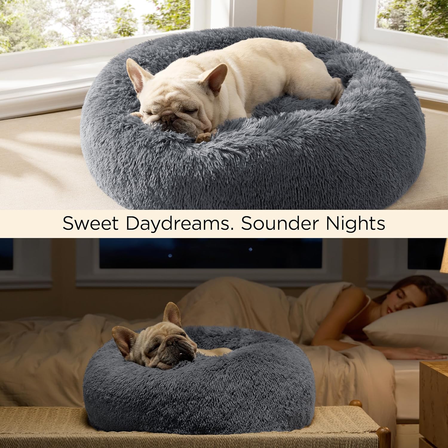 Bedsure Calming Dog Bed for Medium Large Dogs - Donut Washable Large Pet Bed 33 inches Anti-Slip Round Fluffy Plush Faux Fur Dog Bed Dark Grey