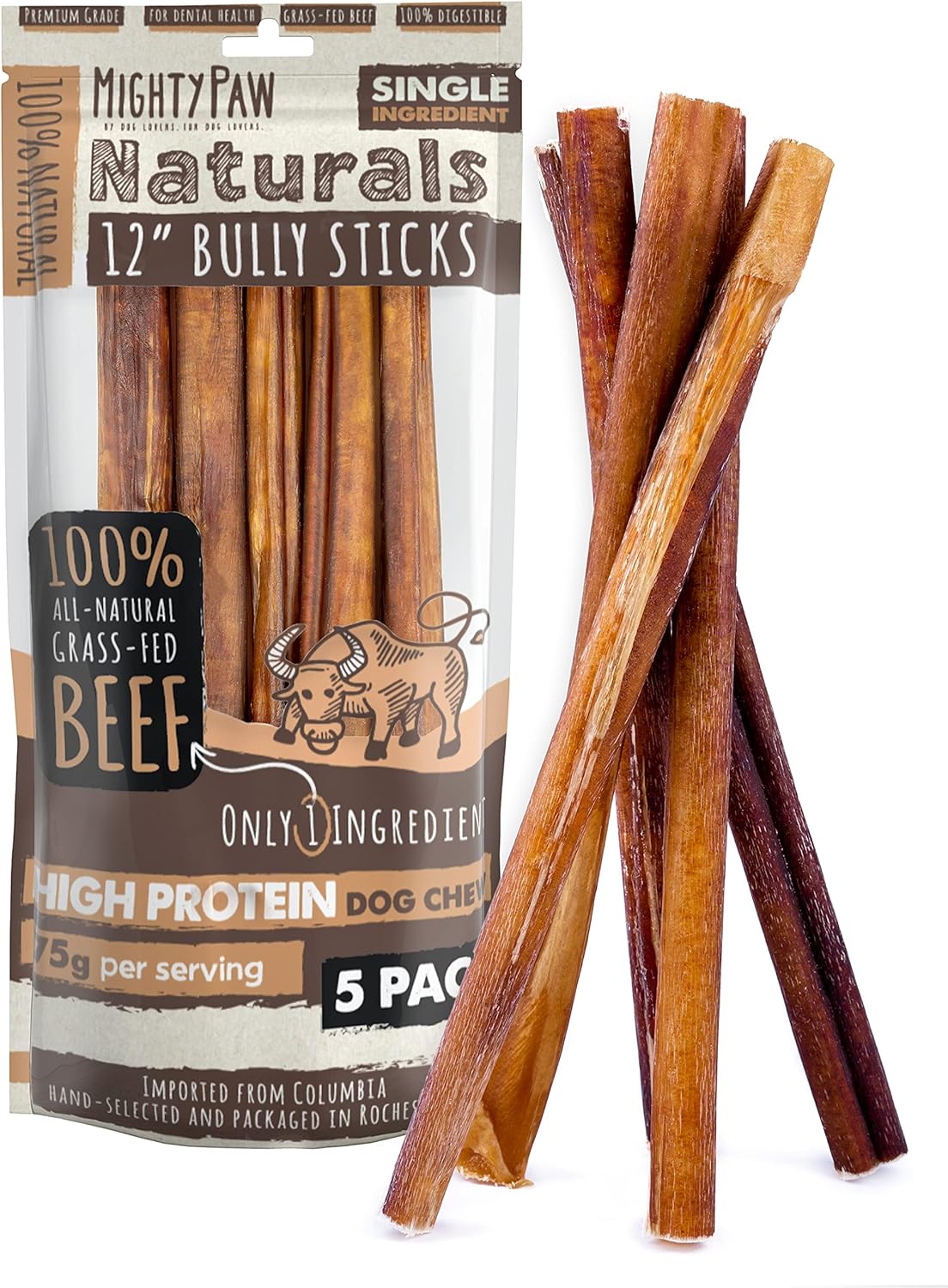 Mighty Paw Long Lasting 12" Bully Sticks for Dogs - All Natural Grass Fed Beef Chews. Lower Odor Dog Bully Sticks for Large Dogs Medium and Small Breeds. Single Ingredient Treats