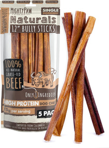 Mighty Paw Long Lasting 12" Bully Sticks for Dogs - All Natural Grass Fed Beef Chews. Lower Odor Dog Bully Sticks for Large Dogs Medium and Small Breeds. Single Ingredient Treats