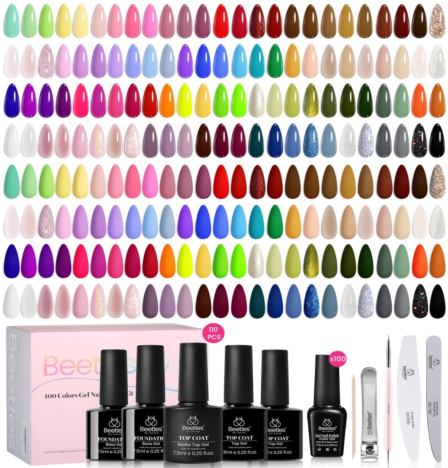 Beetles 110 PCS Gel Nail Polish Set 100 Colors Infinite Inspiration Gift Spree All Season Red Brown Green Black Gel Polish with 5Pcs Base Top Coat Soak off UV Gel for Manicure Lovers DIY at Home