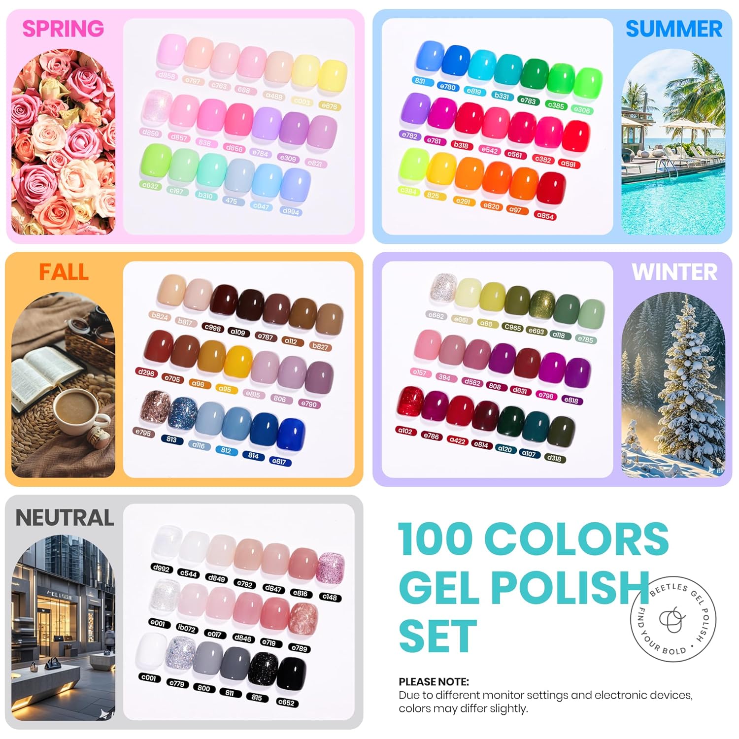Beetles Gel Nail Polish Set - Chroma Dreams 100 Colors Rainbow Gel Polish Collection with 5 Pcs Base & Top Coat Pink Blue Orange Purple Bright Pastel Shades Soak Off UV LED Nail Art Kit for Women