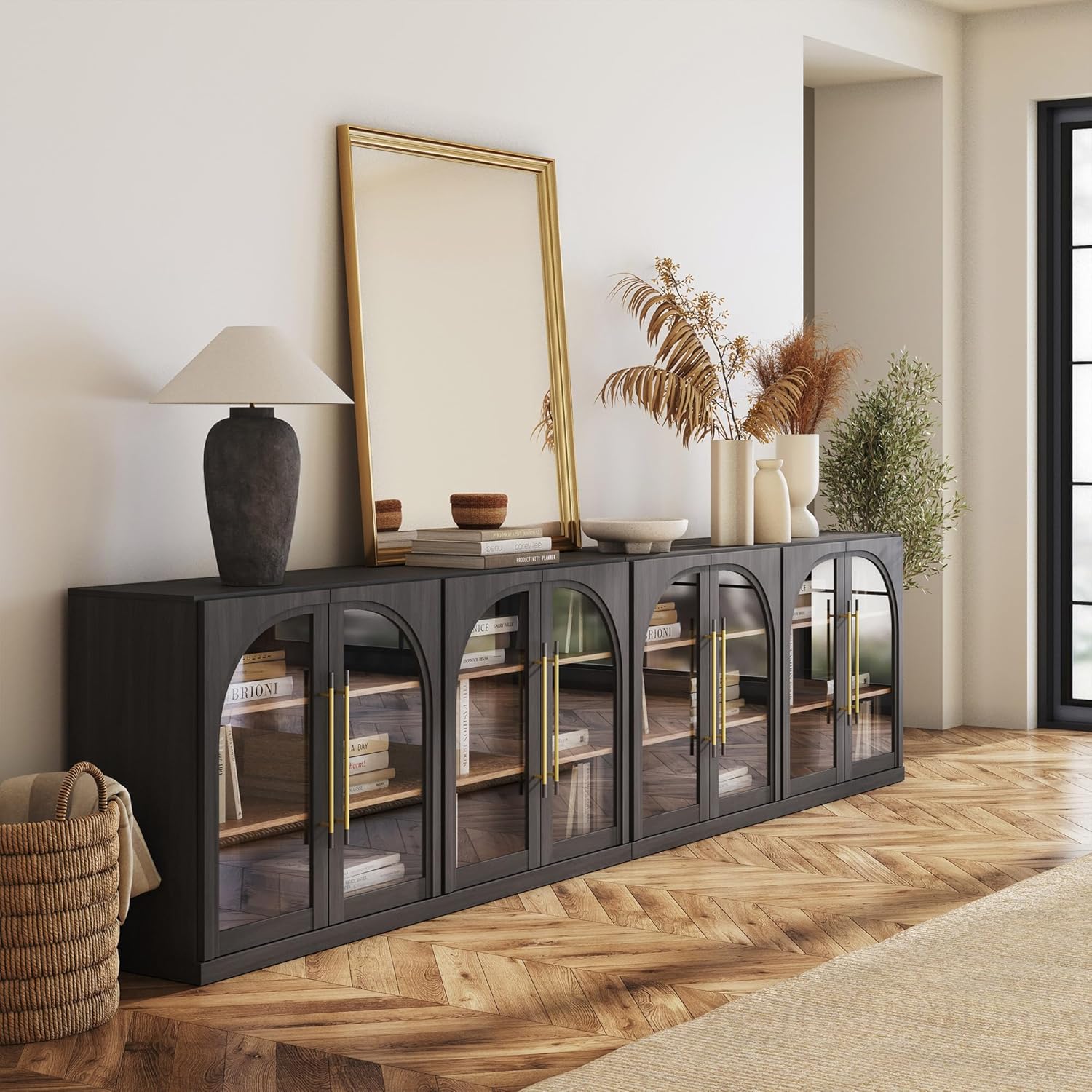 BELLEZE 2-Piece 65" Arched Sideboard with Glass Door, Accent Buffet Cabinet with Storage and Adjustable Shelves, Classic Modern Large Console for Living Room Kitchen Entryway (Ebony)