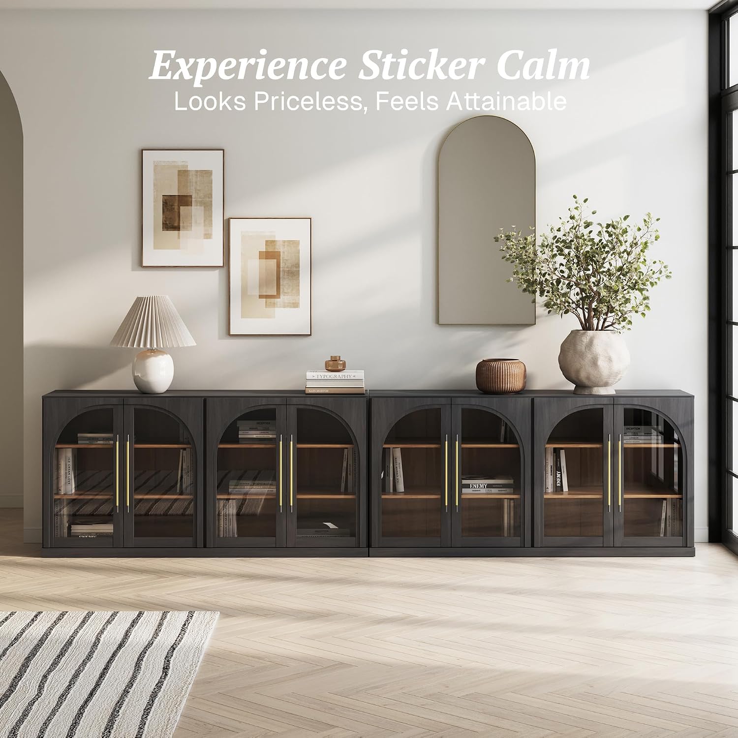 BELLEZE 2-Piece 65" Arched Sideboard with Glass Door, Accent Buffet Cabinet with Storage and Adjustable Shelves, Classic Modern Large Console for Living Room Kitchen Entryway (Ebony)