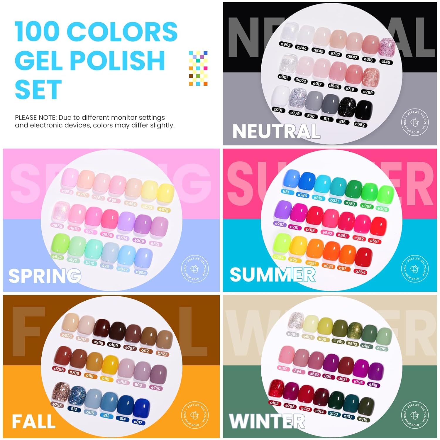 Beetles 110 PCS Gel Nail Polish Set 100 Colors Infinite Inspiration Gift Spree All Season Red Brown Green Black Gel Polish with 5Pcs Base Top Coat Soak off UV Gel for Manicure Lovers DIY at Home