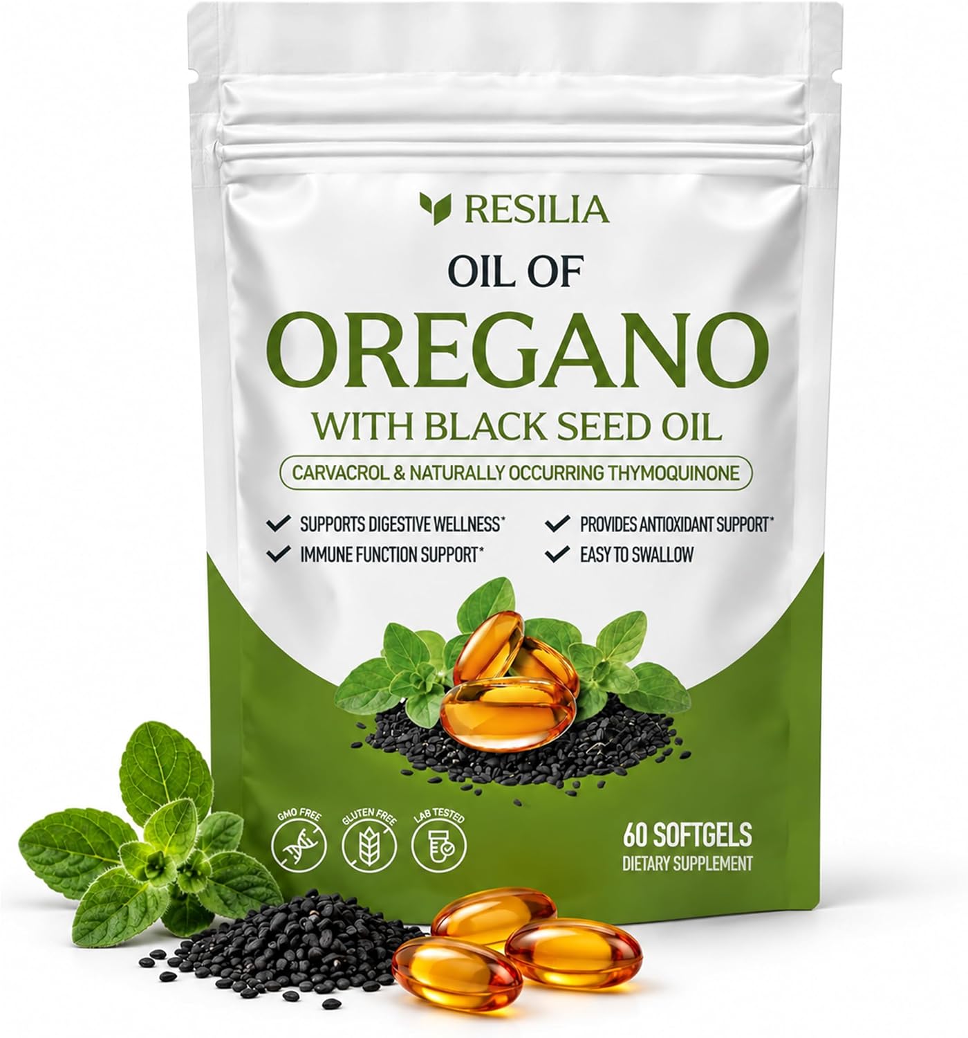 Resilia Softgels with Black Seed Oil – Premium Grade Oregano Oil Capsules for Immune & Digestive Support – Gluten-Free Softgels – Natural Herbal Wellness Supplement (60 Count)