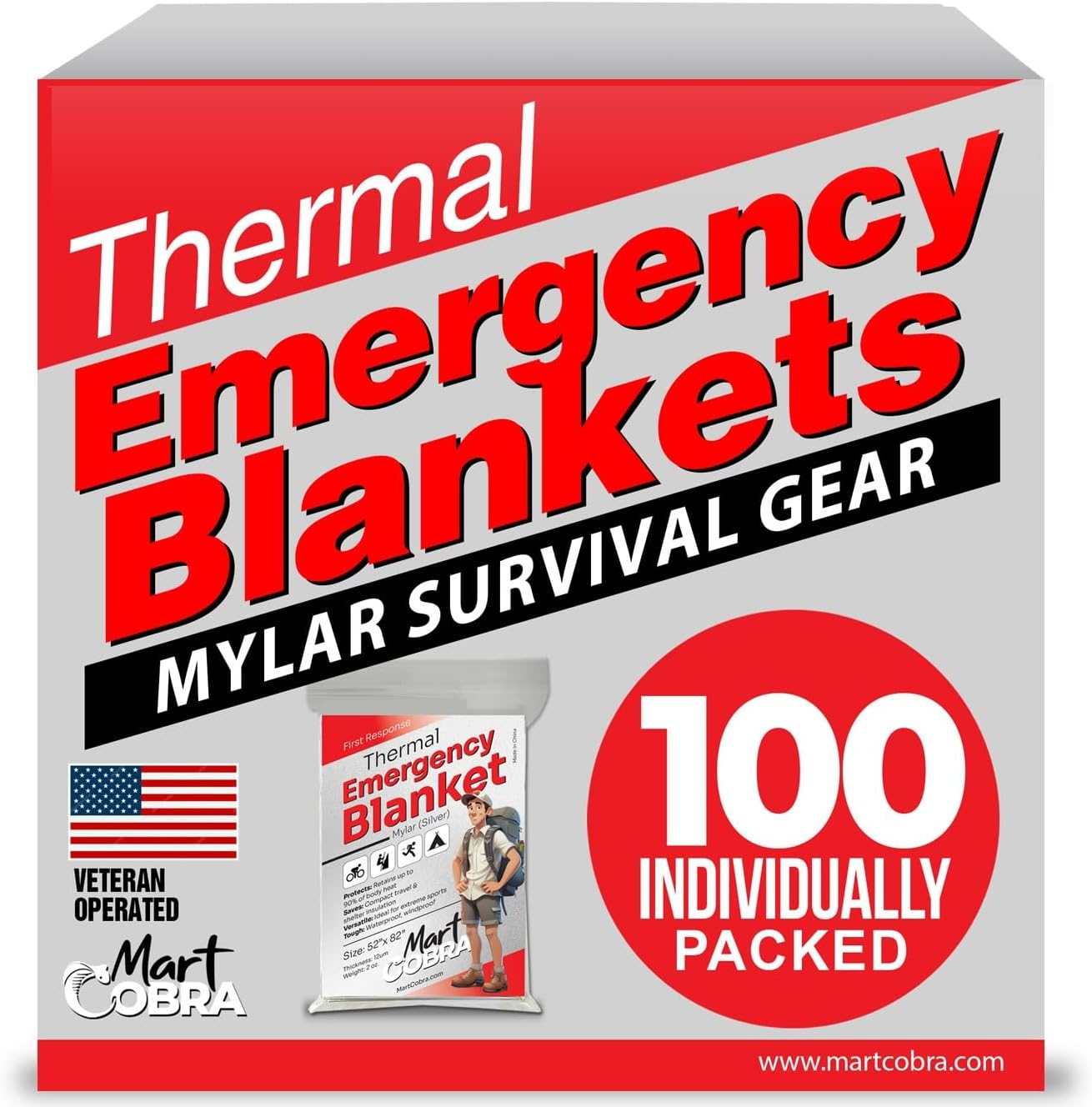 Mart Cobra Emergency Blanket 100-Pack | Reflective Thermal Blanket | Survival Gear | Lightweight Mylar Blankets | Retains 90% Body Heat | Essential for Camping First Aid Homeless Care Package Bulk