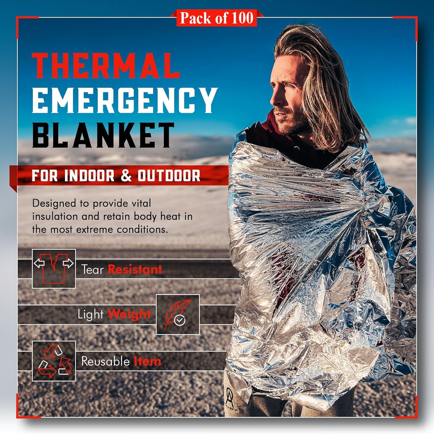 Mart Cobra Emergency Blanket 100-Pack | Reflective Thermal Blanket | Survival Gear | Lightweight Mylar Blankets | Retains 90% Body Heat | Essential for Camping First Aid Homeless Care Package Bulk