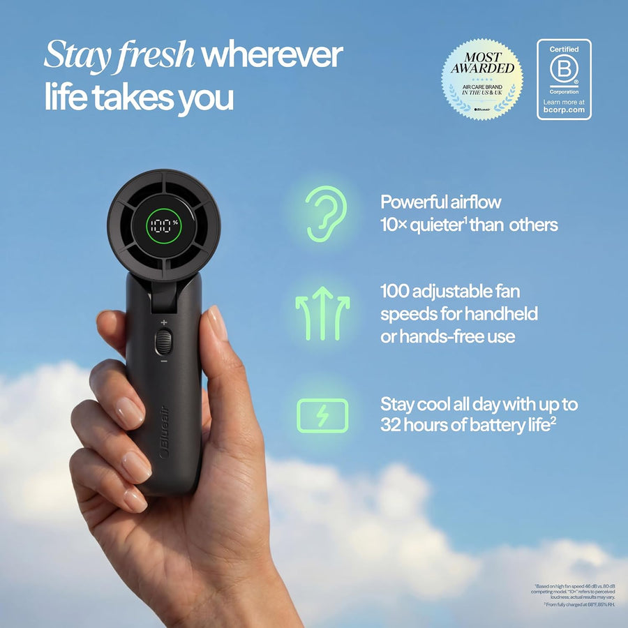 BLUEAIR AlwaysCool Portable Handheld Fan F7, 36H Battery, Quiet Personal Cooling with Strong Airflow, USB-C Rechargeable, Compact Travel & Desk Fan, White
