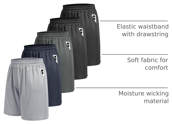 BOOJO 5 Pack Athletic Gym Mens Shorts - Workout Black Quick Dry Basketball Shorts with Pockets for Running Casual Activewear
