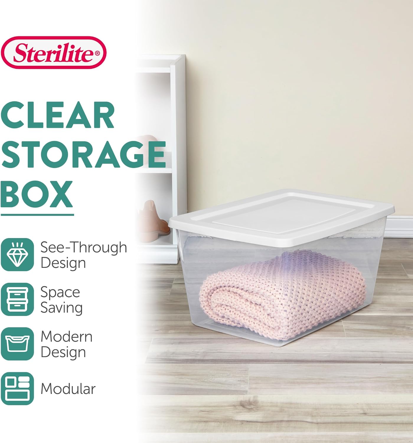 Sterilite 12-Pack Clear Storage Box Stackable Container Bins with Lids 58 Qt White ‚Äì Large Plastic Containers for Home Closet Bathroom Classroom and Office Organization