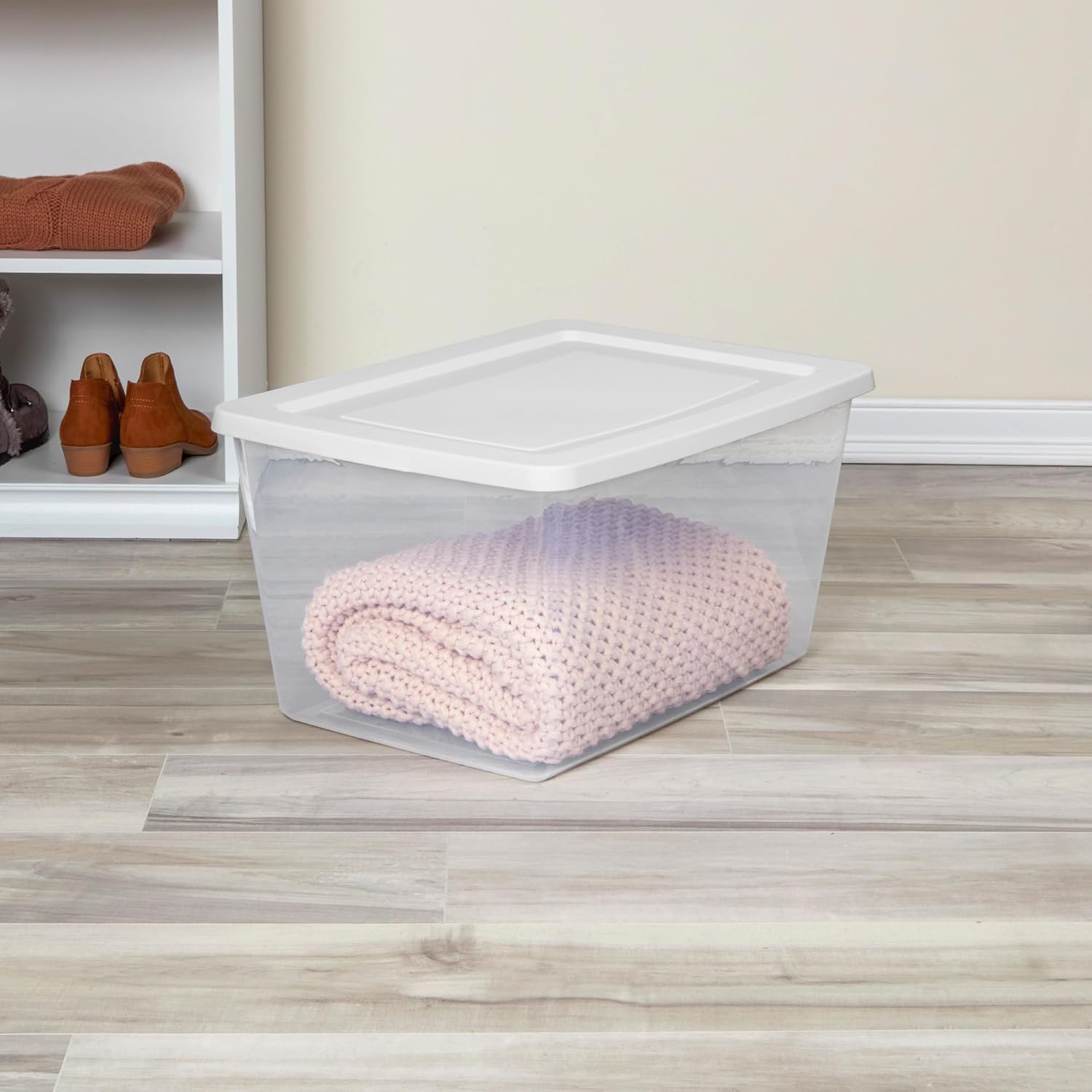 Sterilite 12-Pack Clear Storage Box Stackable Container Bins with Lids 58 Qt White ‚Äì Large Plastic Containers for Home Closet Bathroom Classroom and Office Organization