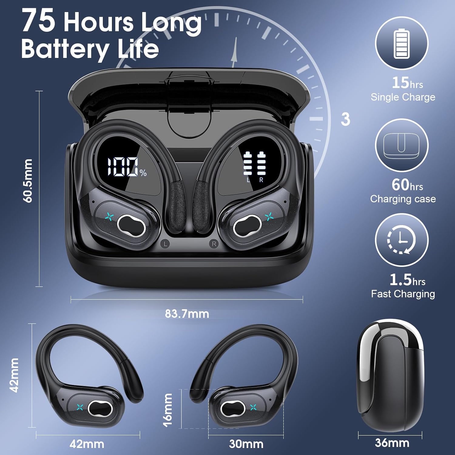 Wireless Earbuds 75hrs Bluetooth 5.4 Headphone Sport 2026 Bluetooth Earbuds Stereo Deep Bass Over Ear Bud with Earhooks ENC Noise Cancelling Mic IPX7 Waterproof Earphone for Gym/Running/Workout