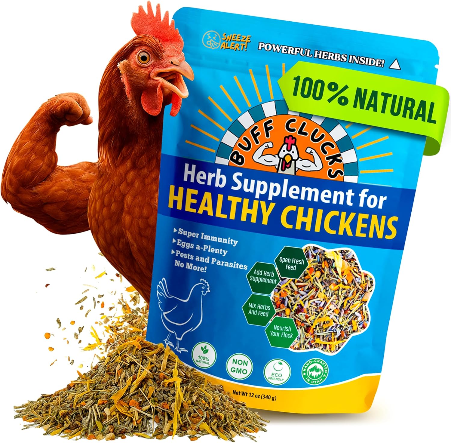 Buff Clucks Herb Supplement for Backyard Chickens - Natural Chicken Treats Poultry Feed Botanical Mix Plant-Based Coop Snacks for Daily Wellness Feather Quality Egg Production USA (12 oz)