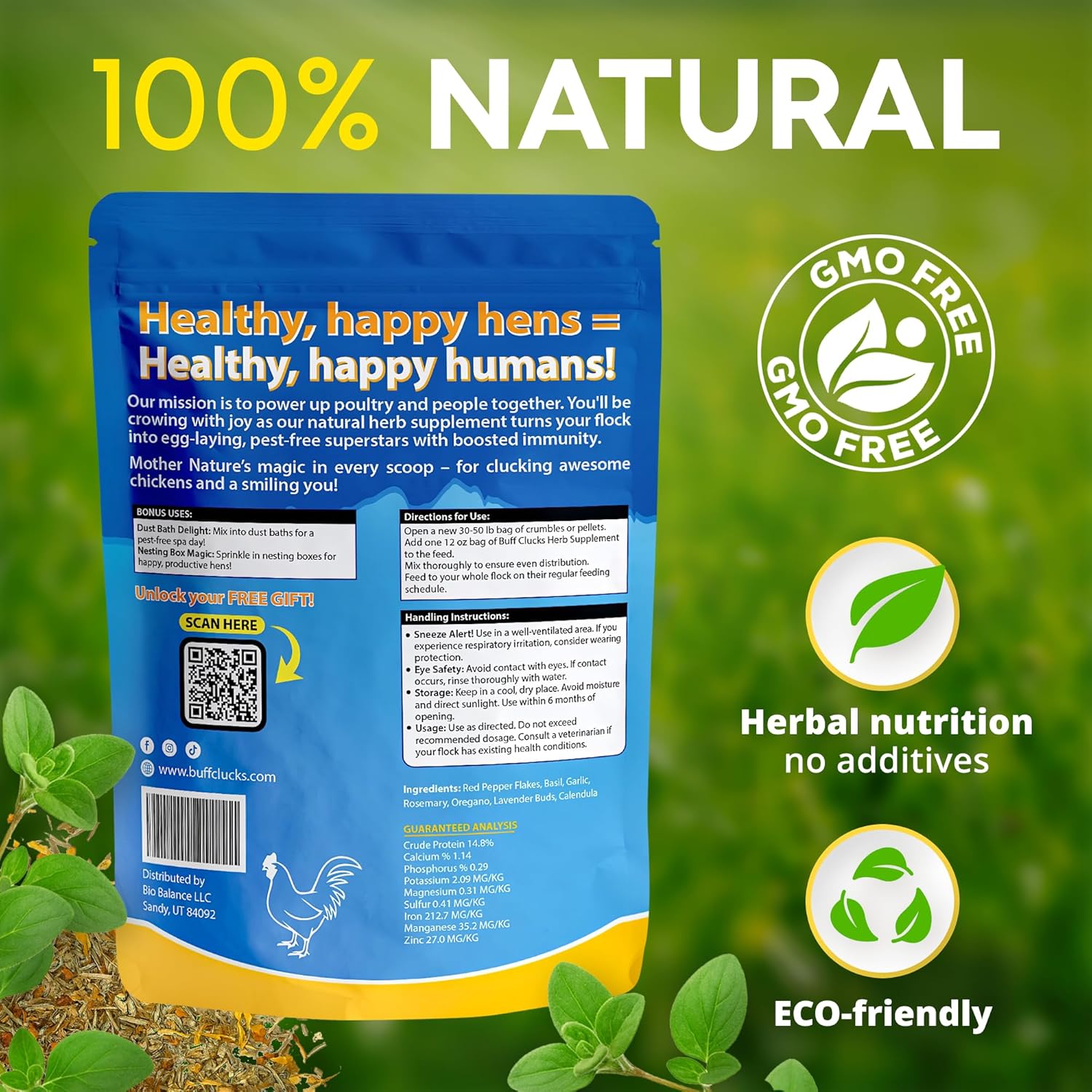 Buff Clucks Herb Supplement for Backyard Chickens - Natural Chicken Treats Poultry Feed Botanical Mix Plant-Based Coop Snacks for Daily Wellness Feather Quality Egg Production USA (12 oz)