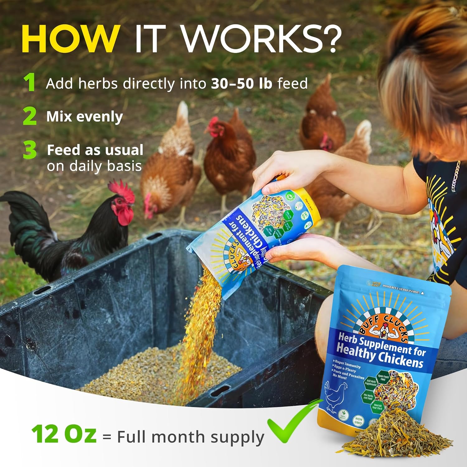 Buff Clucks Herb Supplement for Backyard Chickens - Natural Chicken Treats Poultry Feed Botanical Mix Plant-Based Coop Snacks for Daily Wellness Feather Quality Egg Production USA (12 oz)