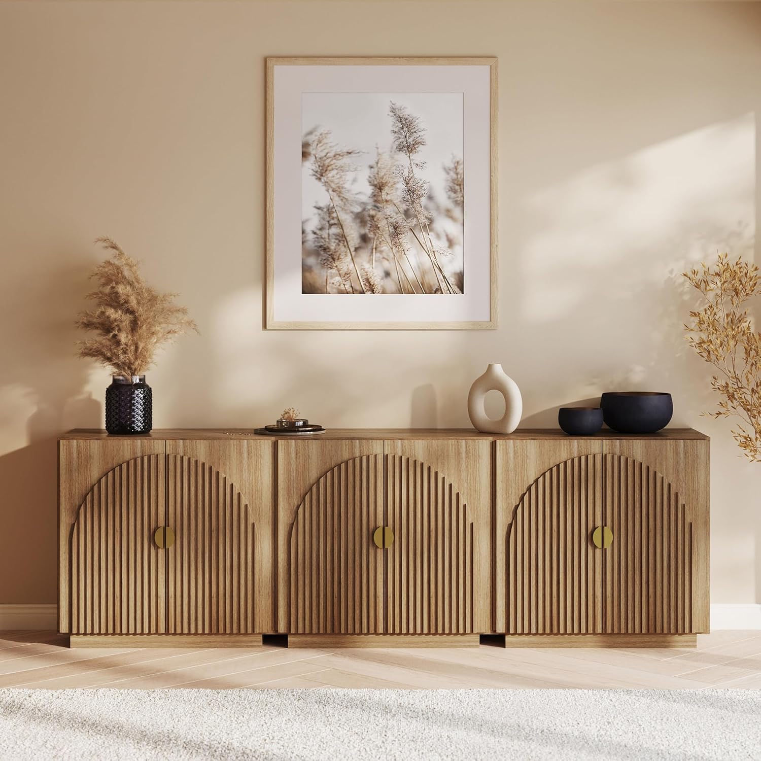 BELLEZE Set of 3 Modular Fluted Sideboard Buffet Cabinet with Storage Mid-Century Modern Console Table with Symmetrical Arched Doors Credenza for Dining Room Kitchen and Living Room Caramel Browna