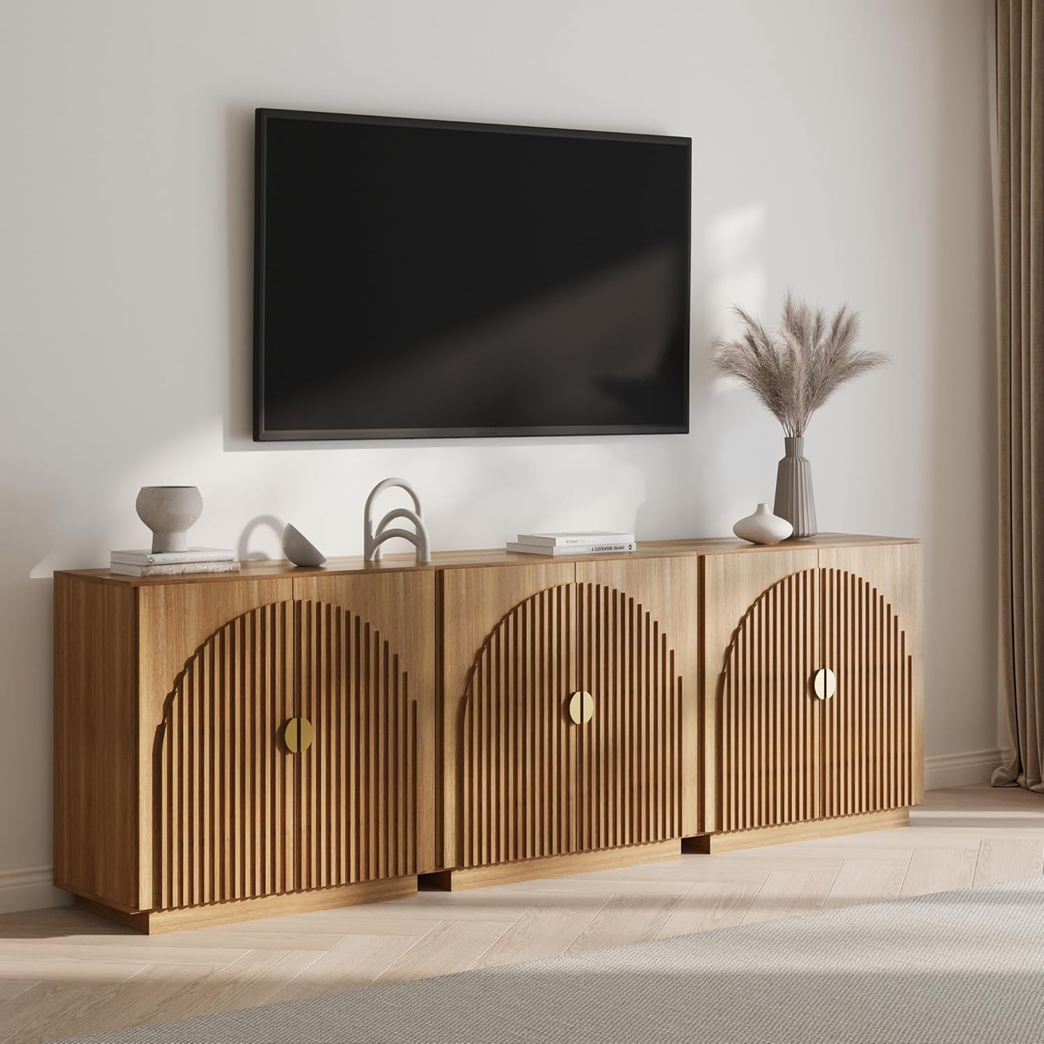 BELLEZE Set of 3 Modular Fluted Sideboard Buffet Cabinet with Storage Mid-Century Modern Console Table with Symmetrical Arched Doors Credenza for Dining Room Kitchen and Living Room Caramel Browna