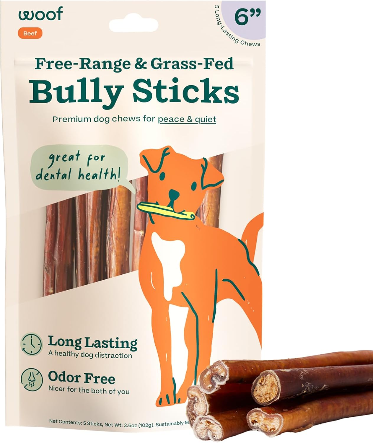 WOOF Bully Sticks Dog Treats - Chew Sticks for Dogs - Long-Lasting Dog Chew Treats - Made with Free-Range Grass-Fed Beef - 6" Sticks - 25pk