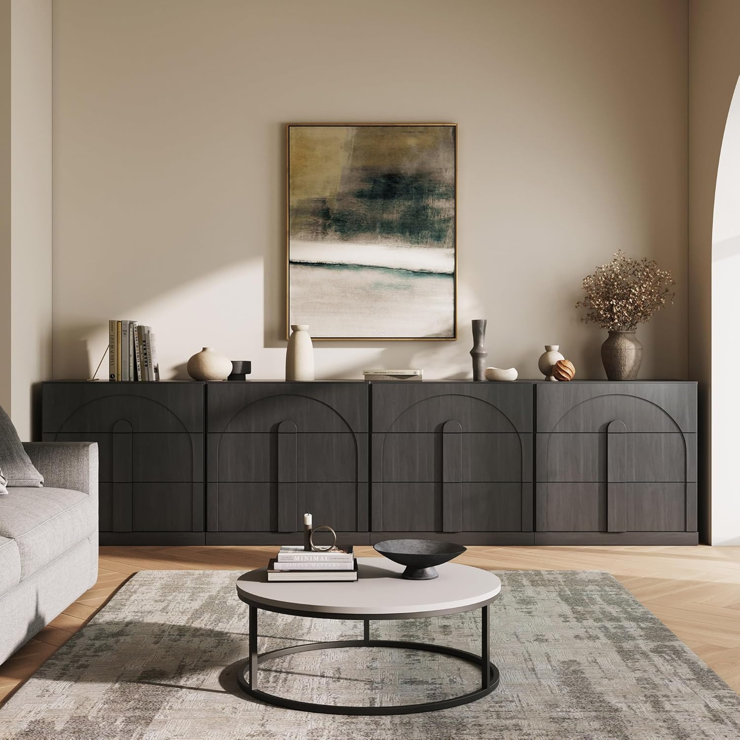 BELLEZE Sideboard Cabinet with 3 Drawers Set of 4 Modern Wood Buffet Cabinet with Arc Design Large Fluted Sideboard with Storage for Dining Room Living Room Entryway Ebony