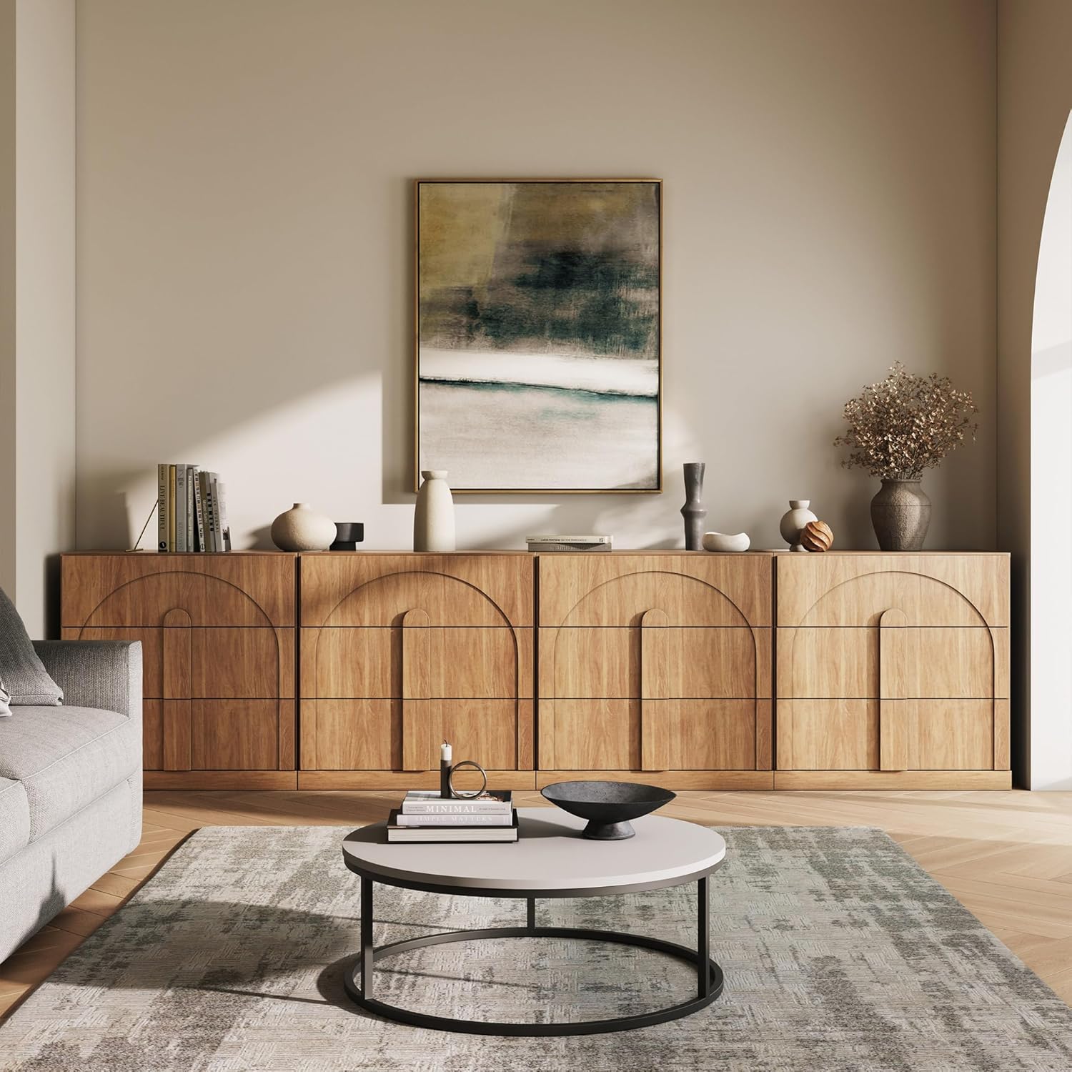 BELLEZE Sideboard Cabinet with 3 Drawers Set of 4 Modern Wood Buffet Cabinet with Arc Design Large Fluted Sideboard with Storage for Kitchen Living Room Entryway Camel