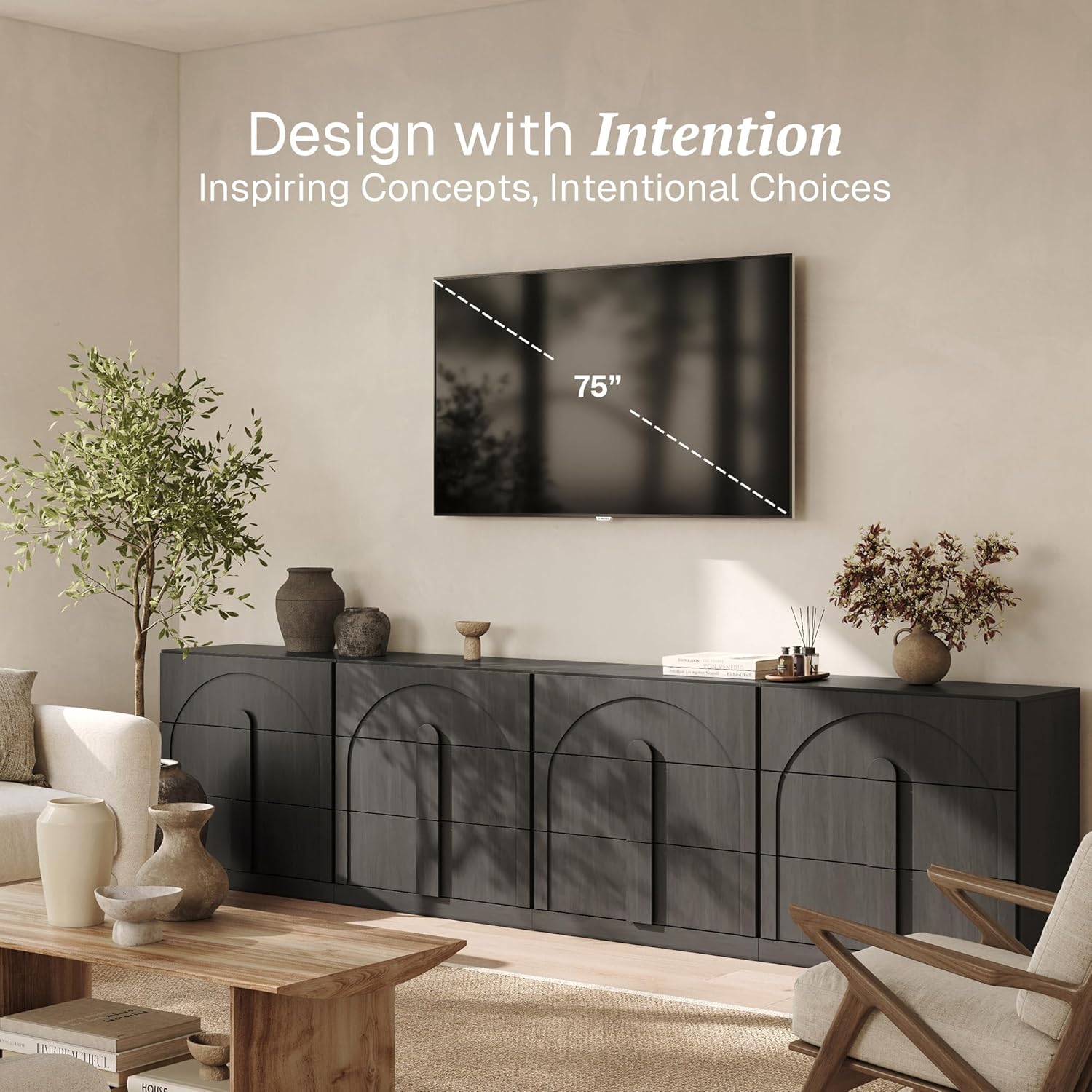 BELLEZE Sideboard Cabinet with 3 Drawers Set of 4 Modern Wood Buffet Cabinet with Arc Design Large Fluted Sideboard with Storage for Dining Room Living Room Entryway Ebony