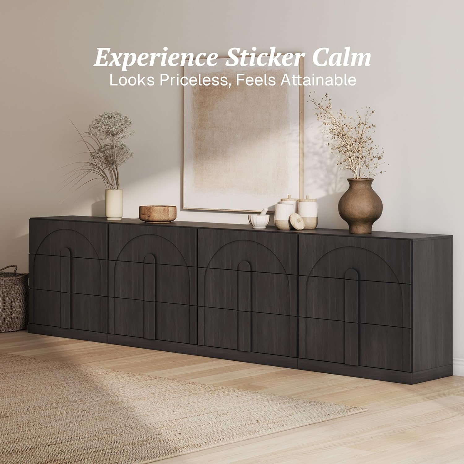 BELLEZE Sideboard Cabinet with 3 Drawers Set of 4 Modern Wood Buffet Cabinet with Arc Design Large Fluted Sideboard with Storage for Dining Room Living Room Entryway Ebony