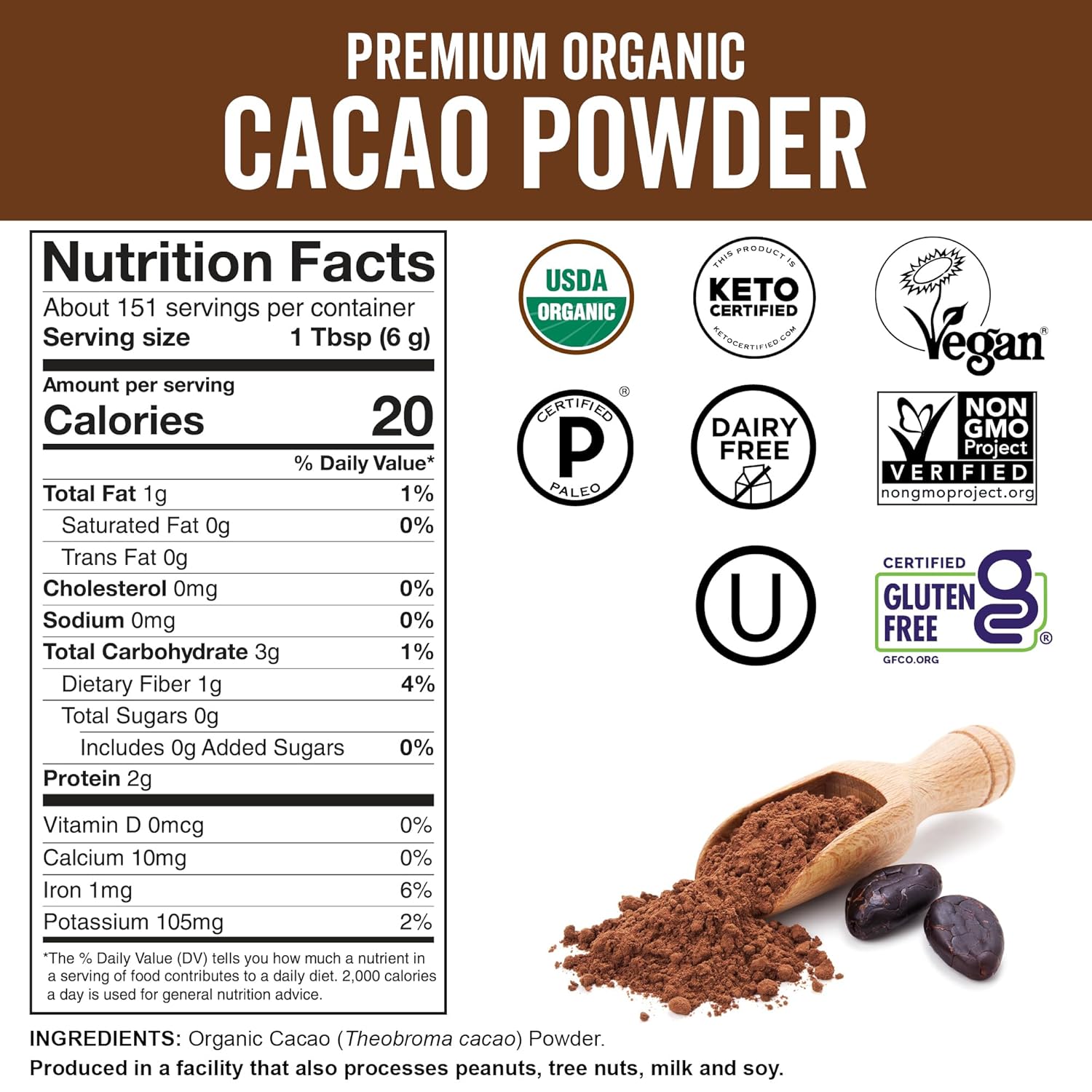 Organic Cacao Powder Unsweetened 2 lb (907 g) ‚Äì Rich Dark Chocolate Flavor Perfect for Baking Smoothies & Hot Chocolate ‚Äì Vegan Keto Paleo Non-GMO & Gluten-Free Cocoa Powder