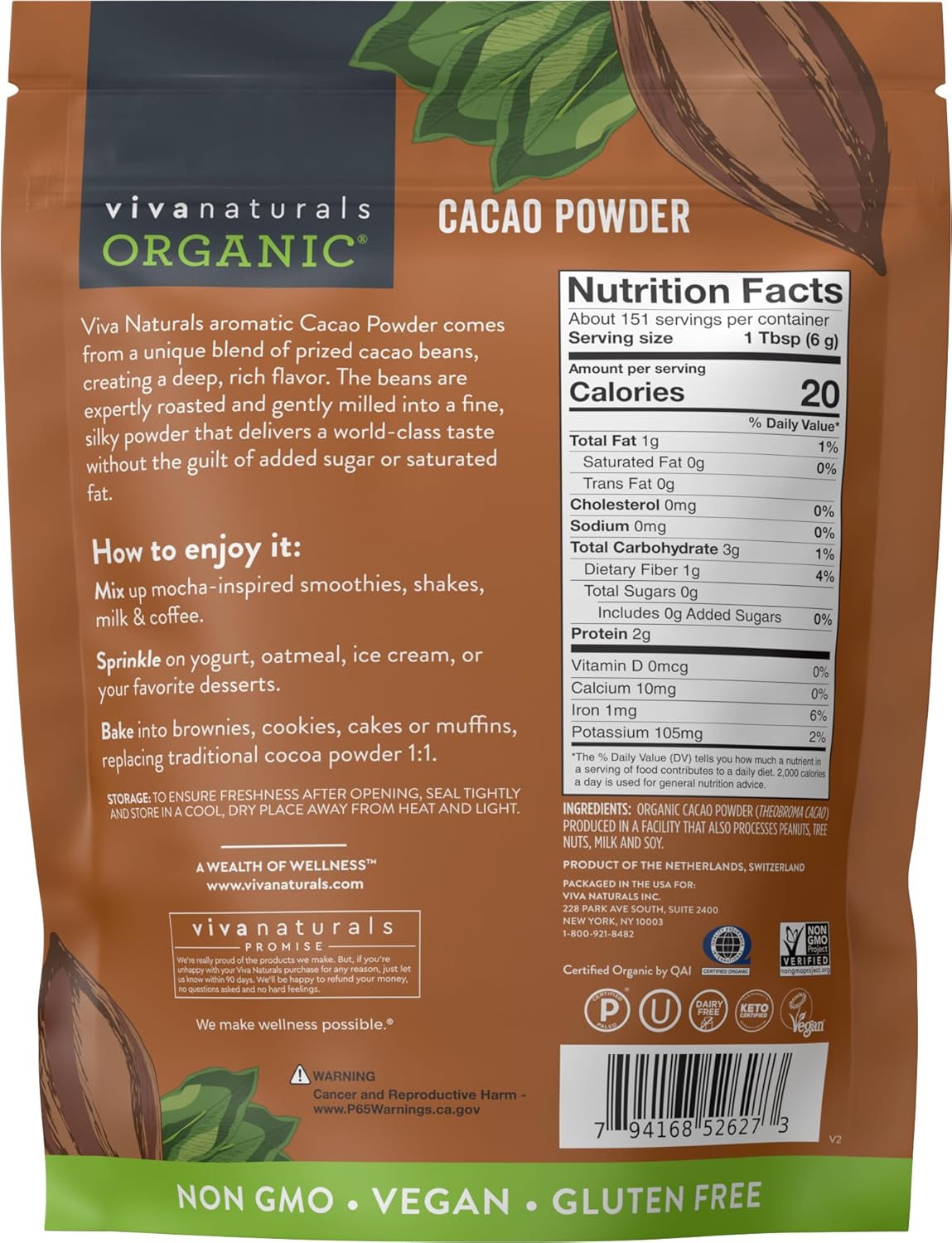Organic Cacao Powder Unsweetened 2 lb (907 g) ‚Äì Rich Dark Chocolate Flavor Perfect for Baking Smoothies & Hot Chocolate ‚Äì Vegan Keto Paleo Non-GMO & Gluten-Free Cocoa Powder
