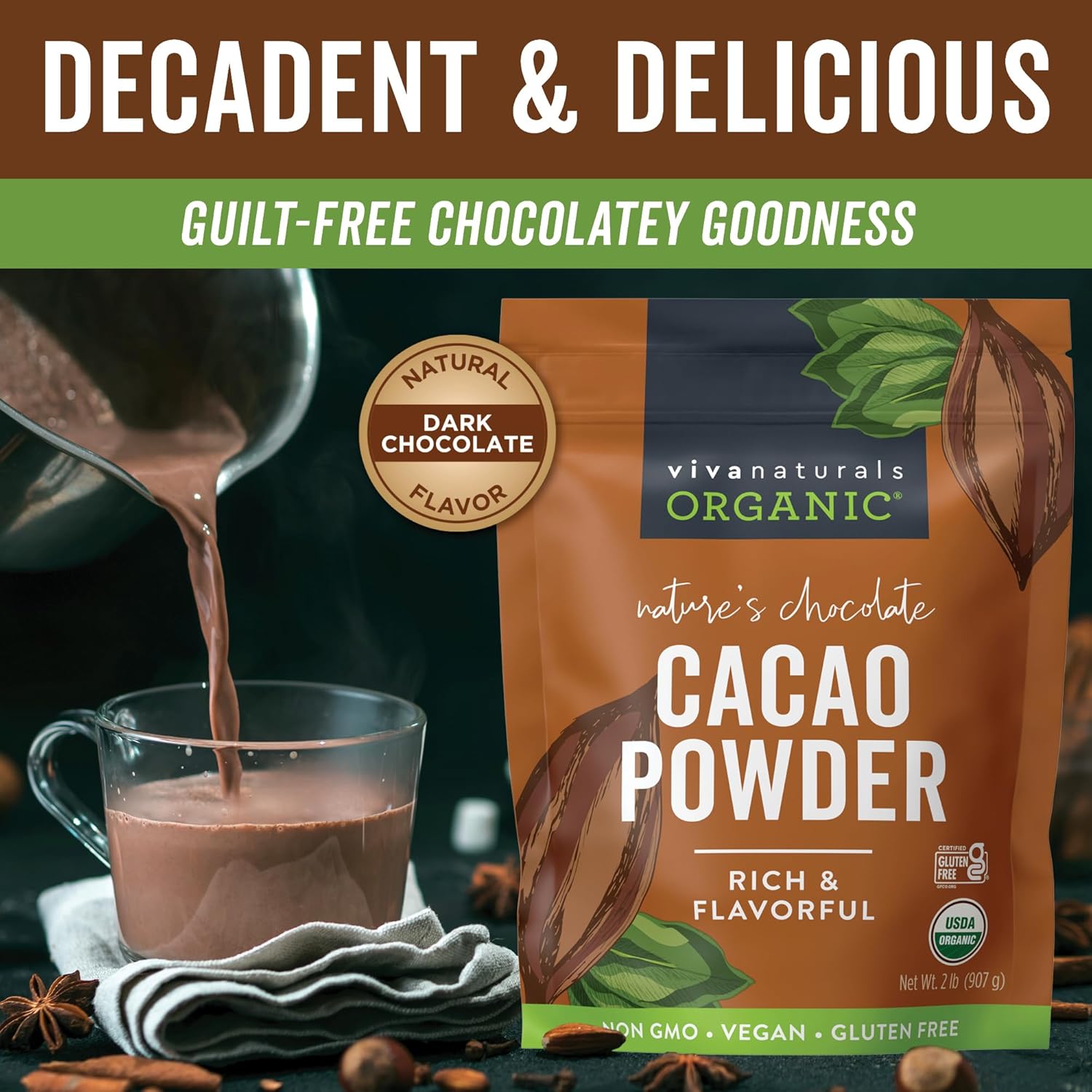 Organic Cacao Powder Unsweetened 2 lb (907 g) ‚Äì Rich Dark Chocolate Flavor Perfect for Baking Smoothies & Hot Chocolate ‚Äì Vegan Keto Paleo Non-GMO & Gluten-Free Cocoa Powder