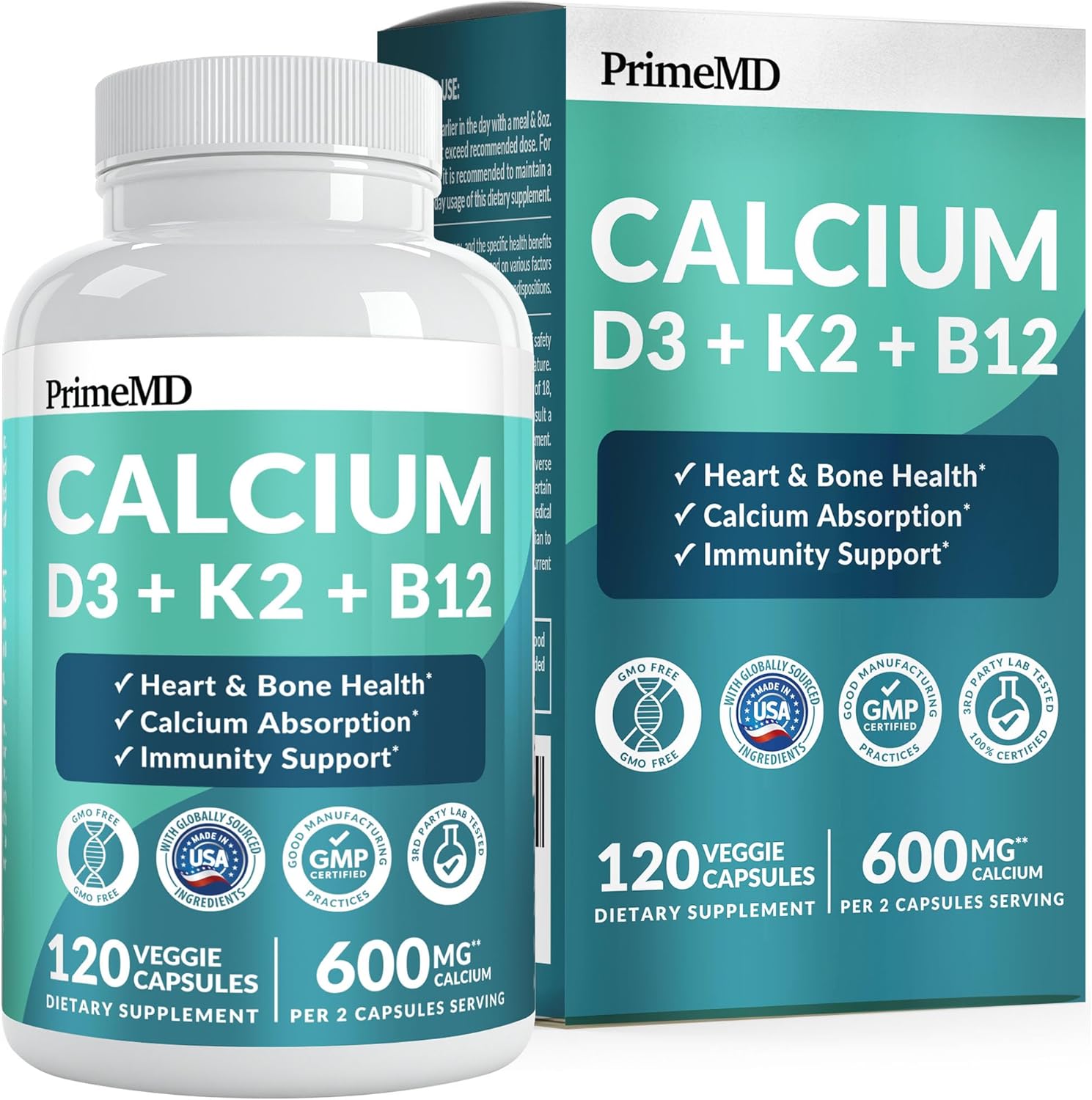 4-in-1 Calcium Supplements for Women & Men - Calcium Citrate with D3 K2 Vitamin 5000 IU - Calcium 600mg with Vitamin D3 K2 - Everyday Vitality Supplement - Vegan-Friendly, Gluten-Free (120 Capsules)