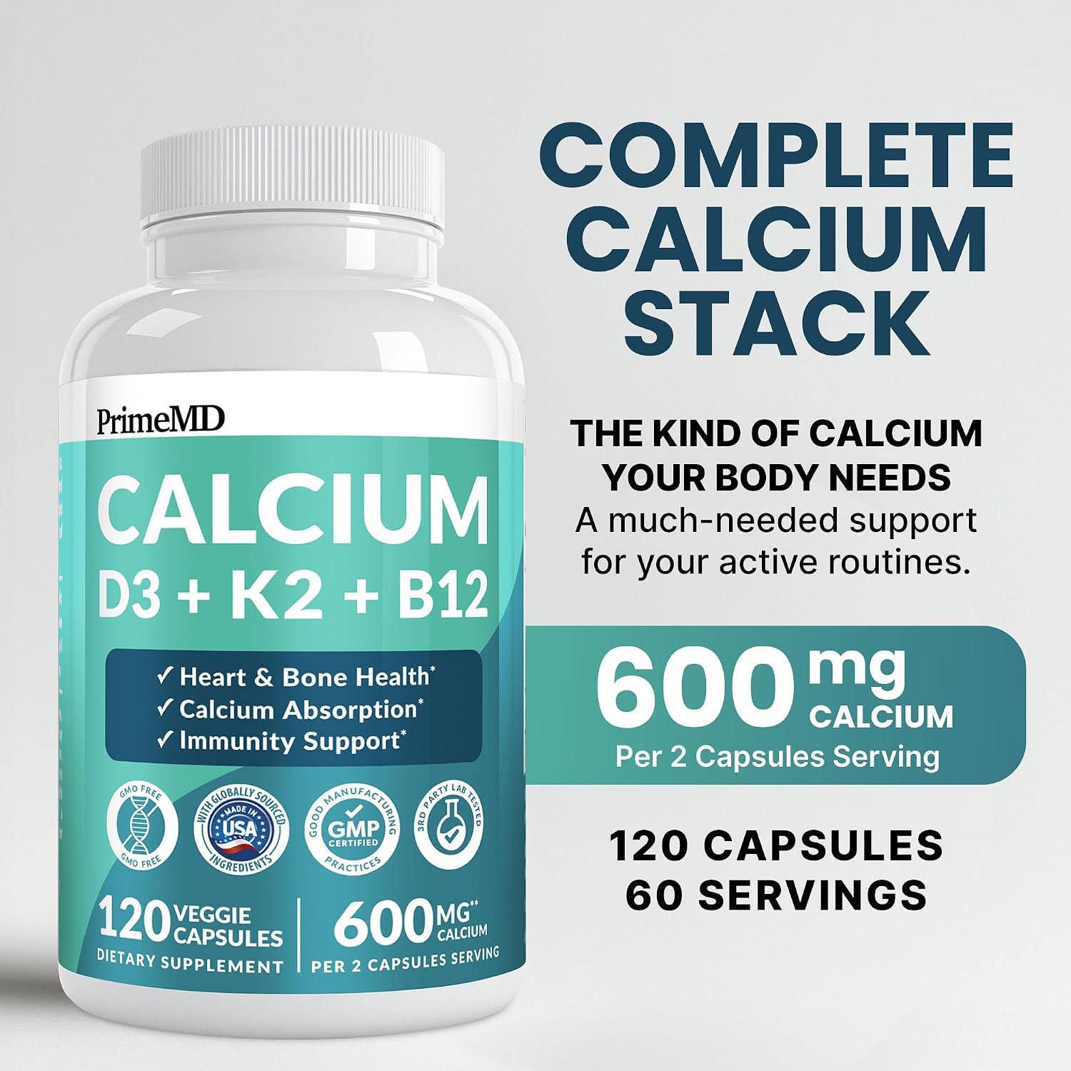 4-in-1 Calcium Supplements for Women & Men - Calcium Citrate with D3 K2 Vitamin 5000 IU - Calcium 600mg with Vitamin D3 K2 - Everyday Vitality Supplement - Vegan-Friendly, Gluten-Free (120 Capsules)