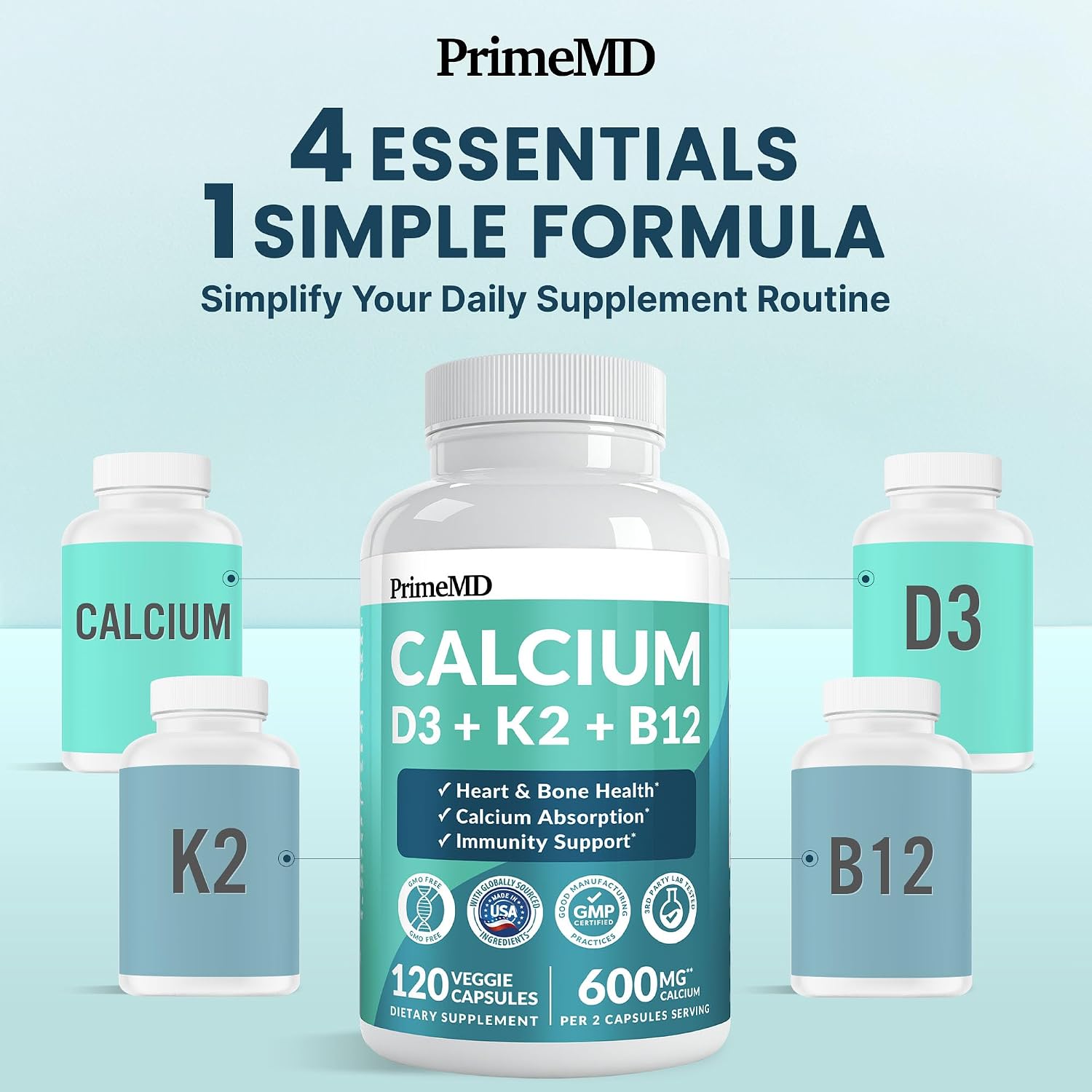 4-in-1 Calcium Supplements for Women & Men - Calcium Citrate with D3 K2 Vitamin 5000 IU - Calcium 600mg with Vitamin D3 K2 - Everyday Vitality Supplement - Vegan-Friendly, Gluten-Free (120 Capsules)