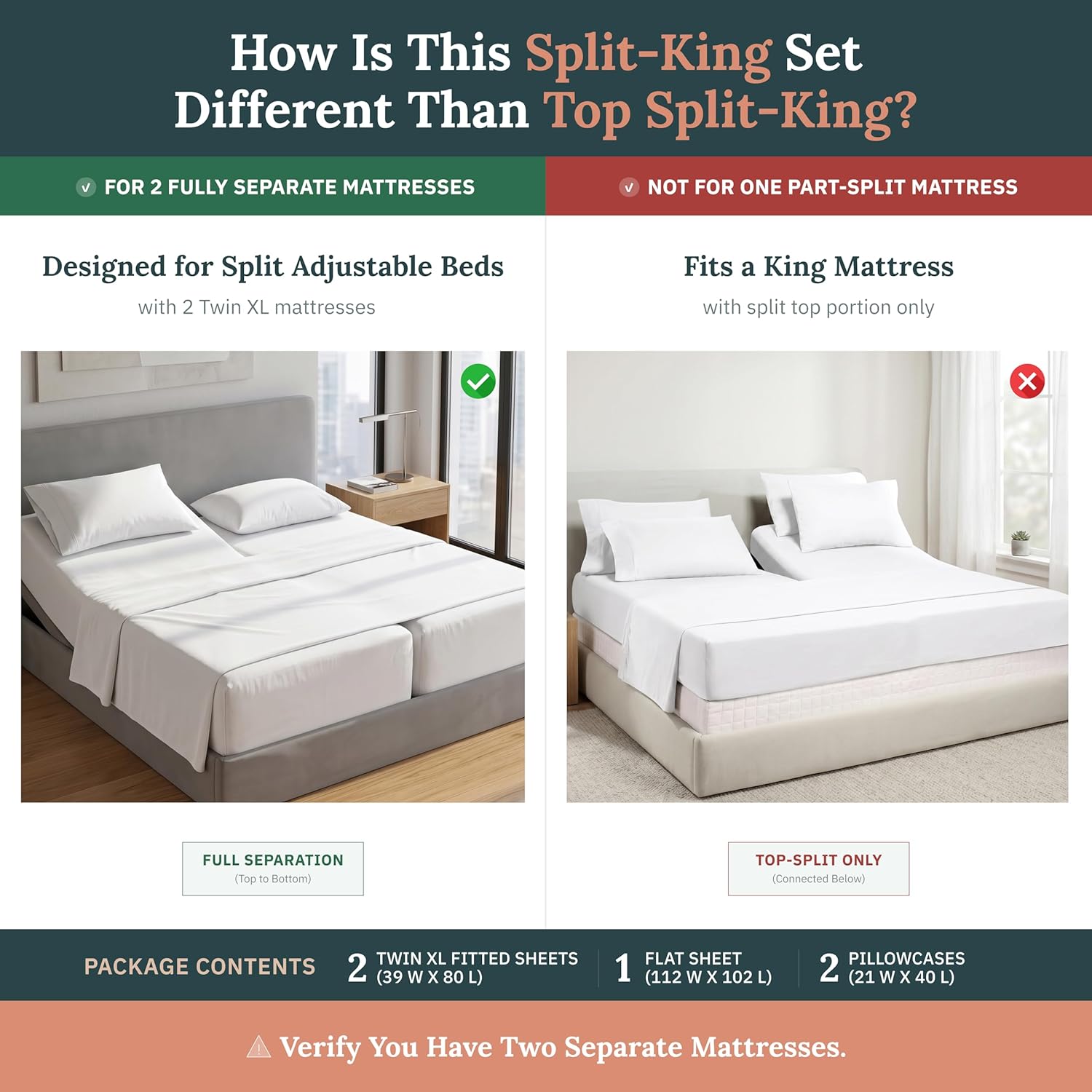 California Design Den Split King Sheets Sets for Adjustable Bed Soft 800 Thread Count Sateen 100% Cotton Set Includes Twin XL Fitted Sheets - True Ivory