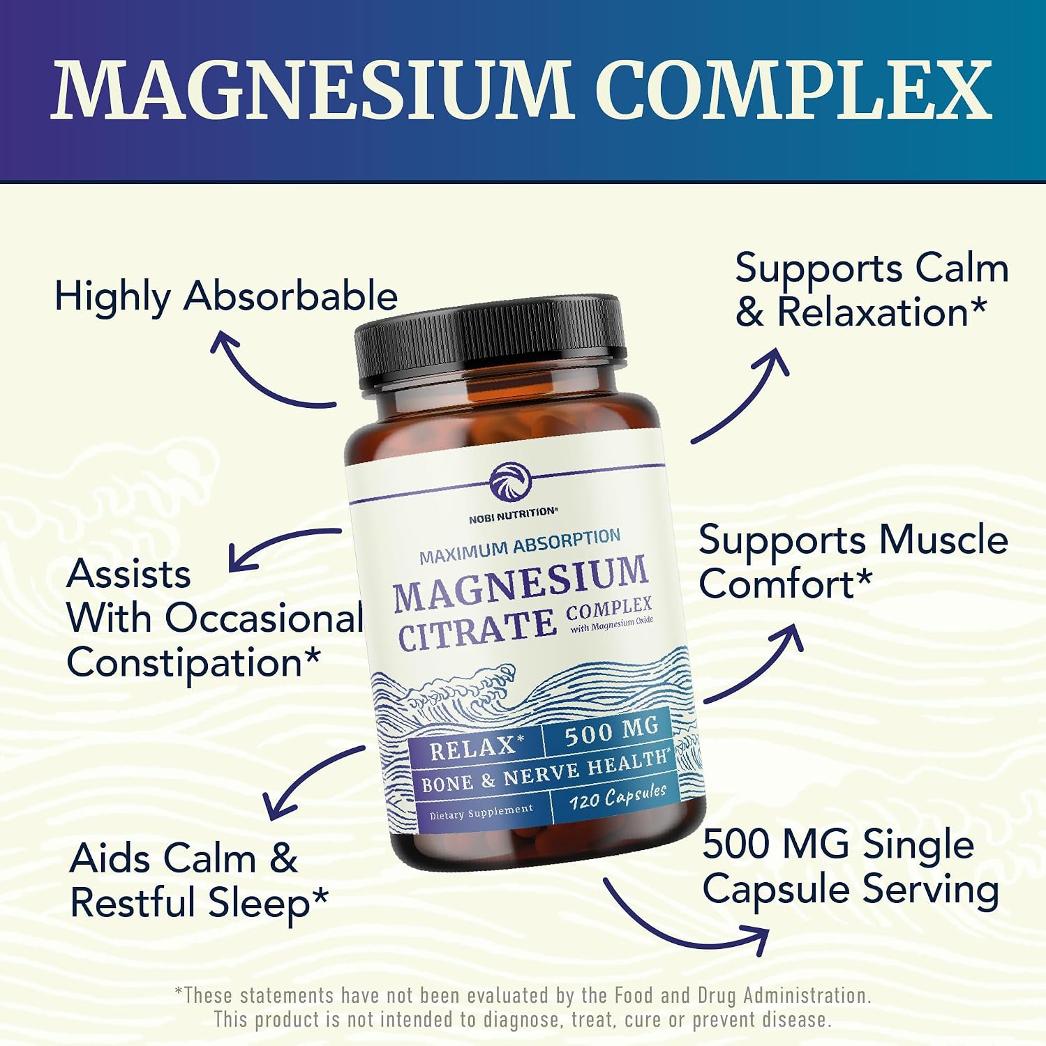 Magnesium Citrate 500 MG (120ct) for Calm & Relaxation | High Absorption Magnesium Supplement with Elemental Mag Oxide | Constipation & Digestion Support | Gluten-Free Soy-Free | 4-Month Supply