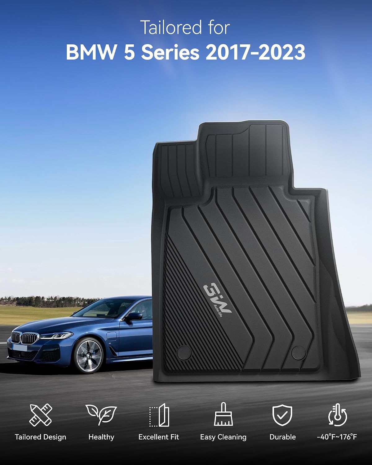 3W Floor Mats & Cargo Liner Fit for BMW 5 Series G30 2017-2023 All Weather TPE Floor Liner Custom Fit for BMW G30 5 Series 520i 530i 535i 540i 540d 550i Full Set Car Accessories (Not for GT & 530e)