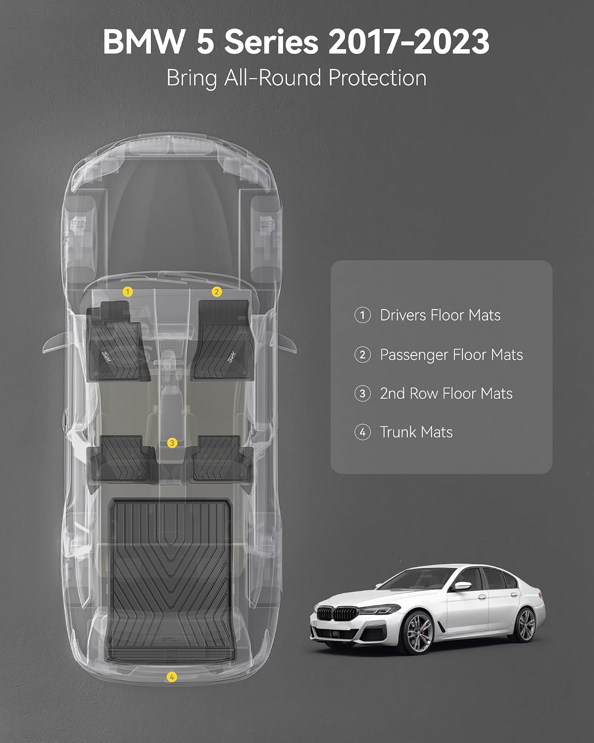 3W Floor Mats & Cargo Liner Fit for BMW 5 Series G30 2017-2023 All Weather TPE Floor Liner Custom Fit for BMW G30 5 Series 520i 530i 535i 540i 540d 550i Full Set Car Accessories (Not for GT & 530e)