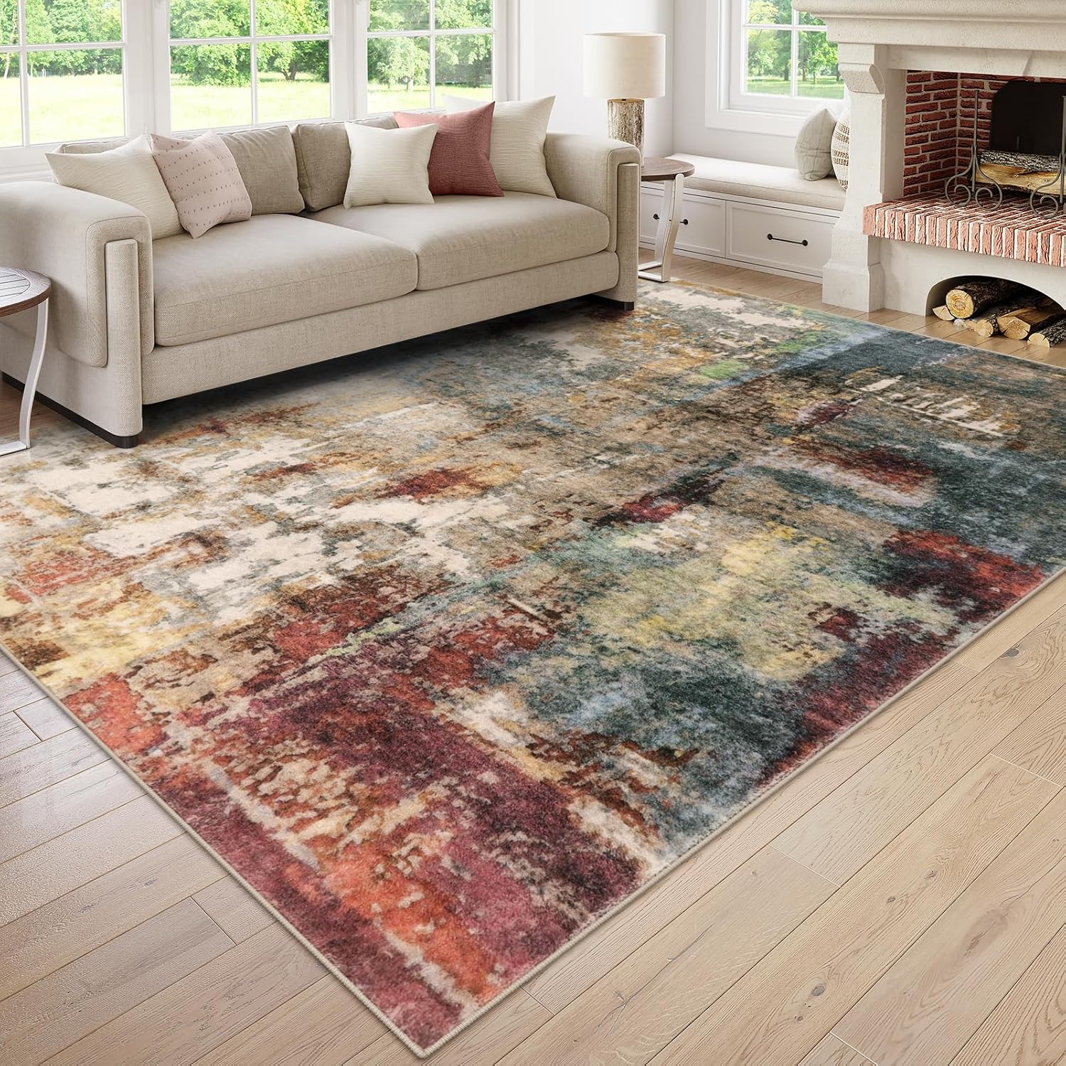 Lahome Modern Abstract Living Room Rug 8x10 Washable 8x10 Area Rugs for Bedroom Stain Resistant Non Slip Large Red Soft Indoor Carpet for Dining Room Table Home Decor