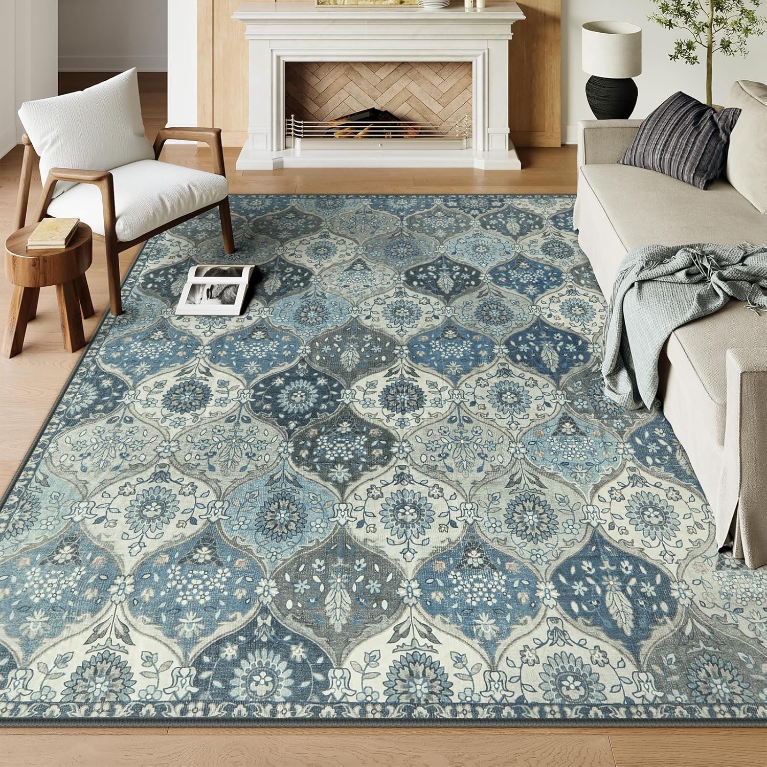 Lahome Moroccan 8x10 Area Rugs for Living Room Washable Rugs 8x10 Ultra-Thin Oriental Non-Slip Non Shedding Accent Carpet for Bedroom Dining Room Office Nursery Elise Blue