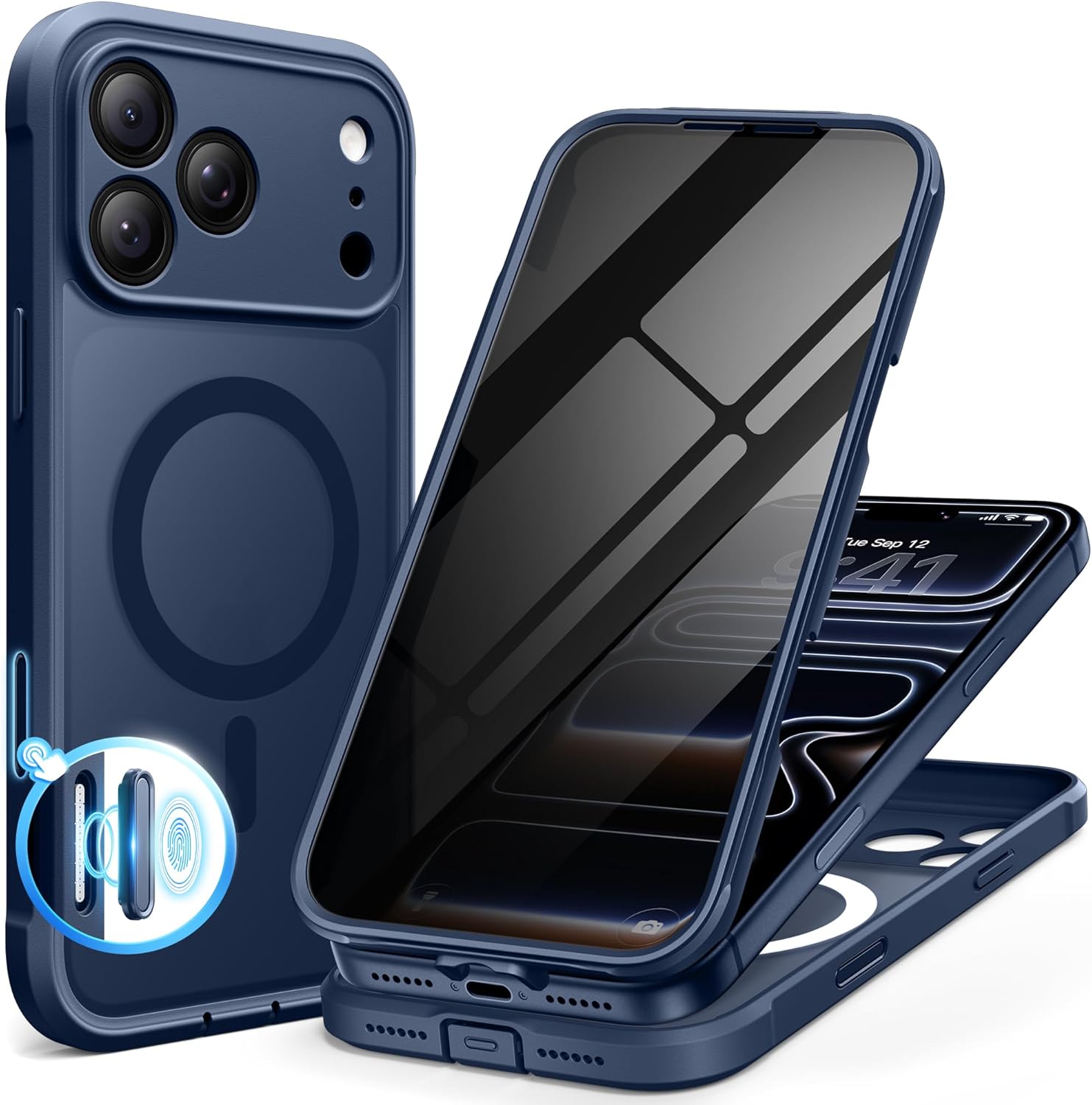 BERFY for iPhone 17 Pro Max Case Compatible with MagSafe Built-in Privacy Screen Protector Camera Protection Shockproof Full Body Phone Case 6.9" Translucent Blue