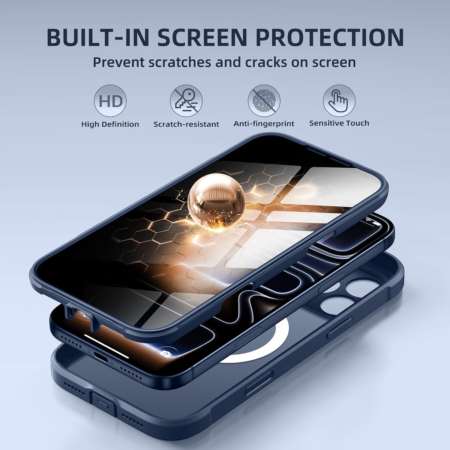 BERFY for iPhone 17 Pro Max Case Compatible with MagSafe Built-in Privacy Screen Protector Camera Protection Shockproof Full Body Phone Case 6.9" Translucent Blue