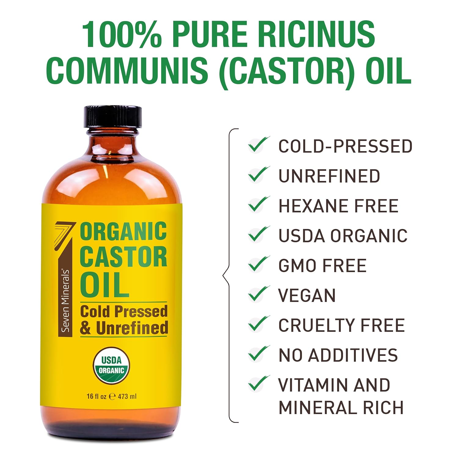 Seven Minerals New 16 fl oz Glass Bottle Castor Oil