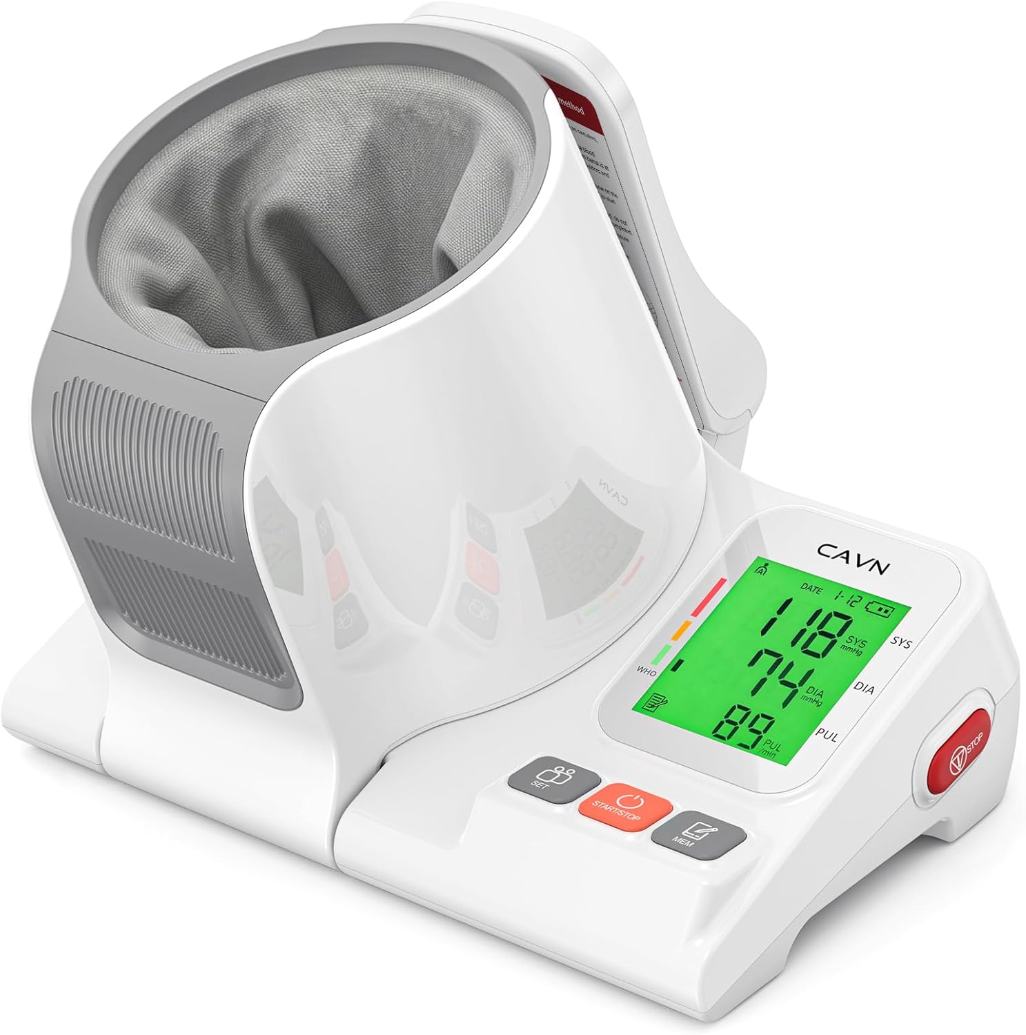 CAVN Blood Pressure Monitor One-Touch Barrel-Type Upper Arm Blood Pressure Monitors for Home Use No-Wrap Auto-Fit Design Fits Arms 7.1"-16.5" 3-Color Backlight 2 Users 2√ó99 Memory