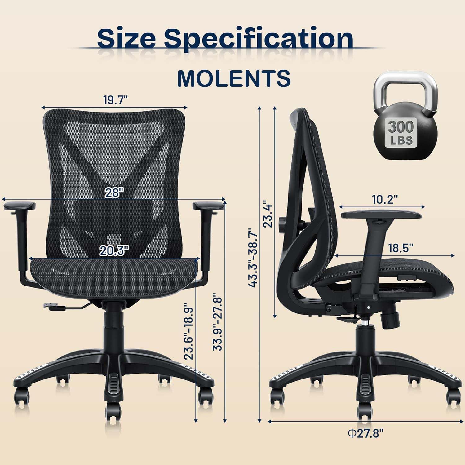 MOLENTS Ergonomic Office Chair Mesh Computer Desk Chairs with Adjustable Lumbar Support 3D Armrests Tilt Function Comfy Wide Seat Swivel Executive Work Task Chair for Company and Home