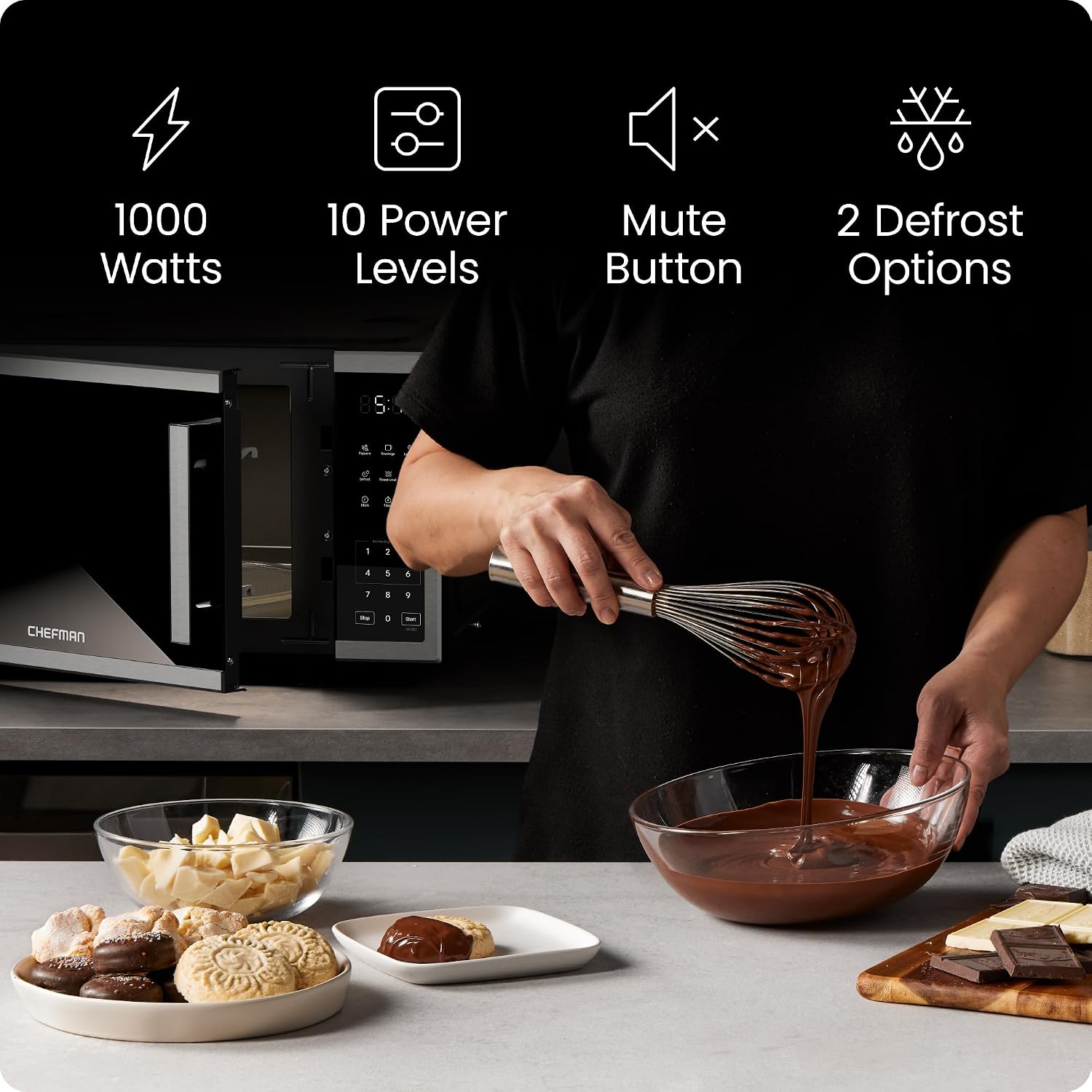Chefman Countertop Microwave Oven 1.1 Cu. Ft. 1000 Watts with 10 Power Levels 3 Cooking Presets with One-Touch Express Cook 2 Defrost Settings Child Safety Lock & Mute Button ‚Äì Stainless Steel