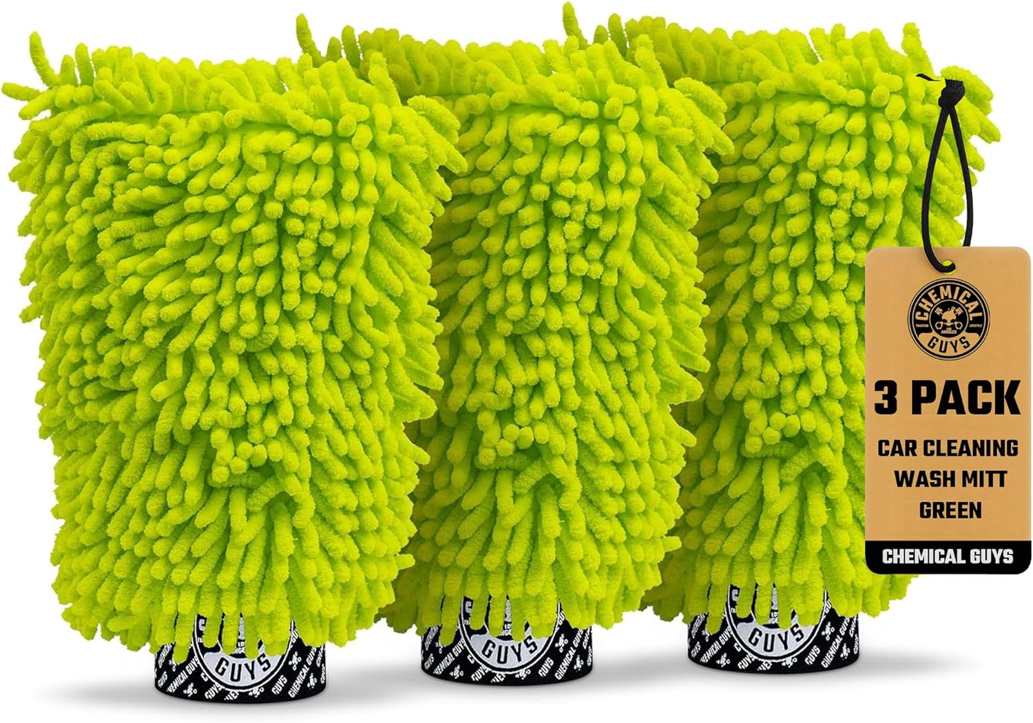 Chemical Guys Chenille Premium Scratch-Free Microfiber Wash Mitt Lime Green 9.6" x 2.3" x 7" (3 Pack) - MIC49303