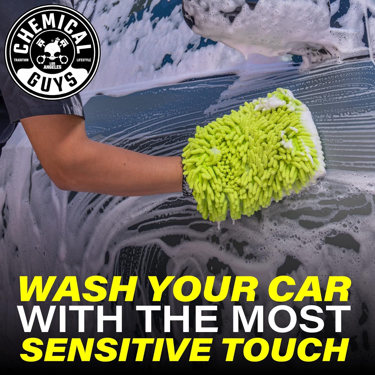 Chemical Guys Chenille Premium Scratch-Free Microfiber Wash Mitt Lime Green 9.6" x 2.3" x 7" (3 Pack) - MIC49303