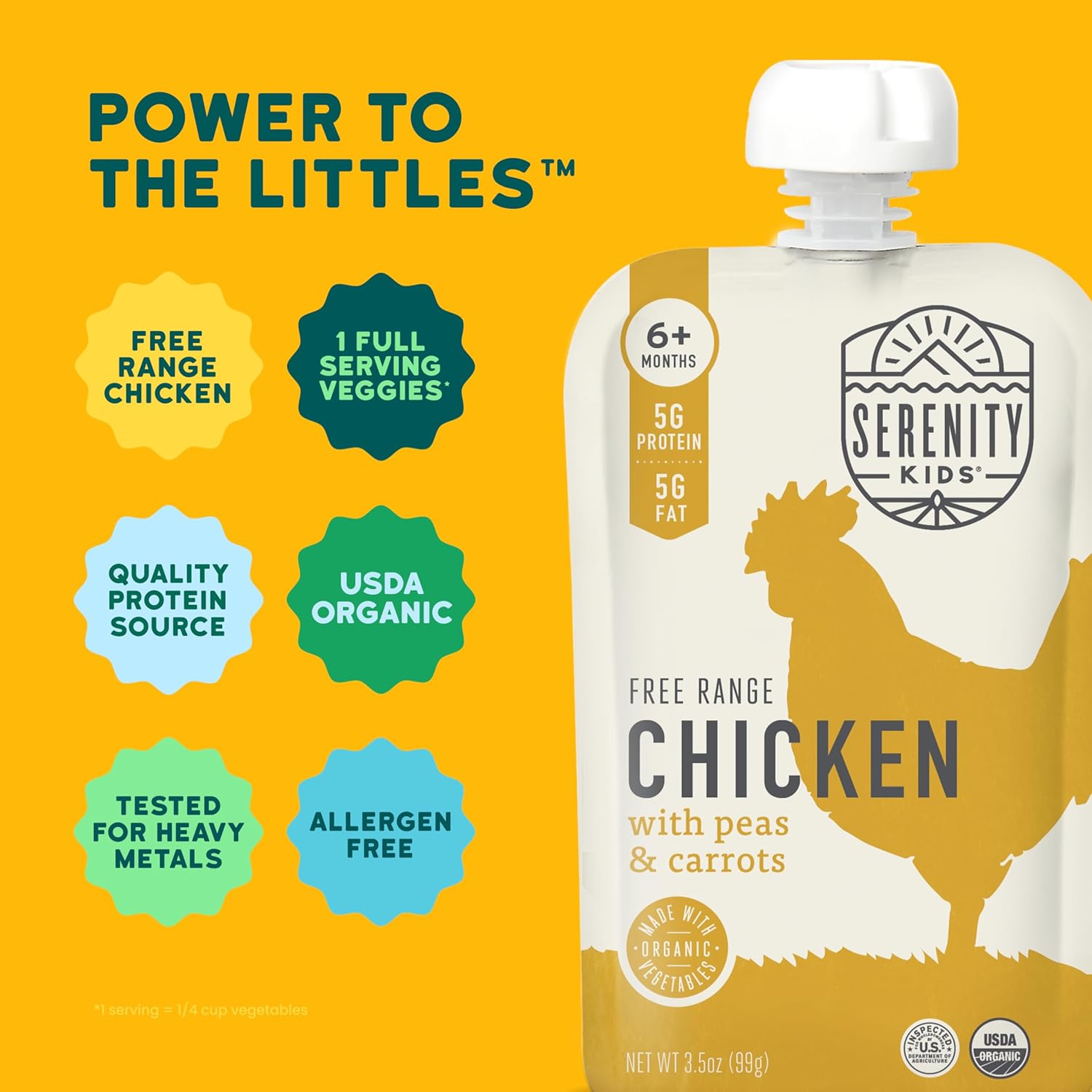 Serenity Kids 6+ Months Chicken Baby Food Pouch - Protein Pouch with 5g Protein - On-the-Go Toddler Meal - No Added Sugar Organic Chicken & Veggie Puree - 3.5 Oz Pack of 12