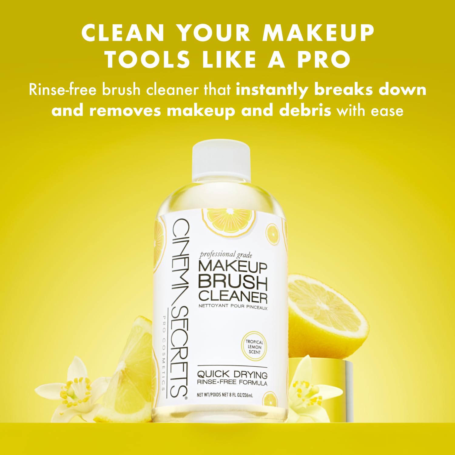 Cinema Secrets Original Makeup Brush Cleaner Solution - Professional Cleanser for Makeup Brushes - Quick-Drying, Rinse-Free Formula - Removes Stubborn Waterproof Make Up - Lemon (16 fl oz)