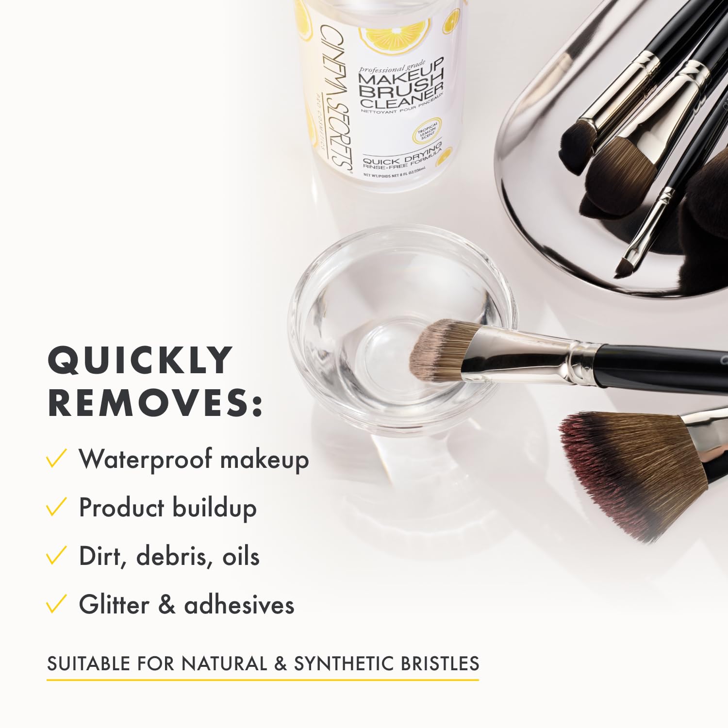 Cinema Secrets Original Makeup Brush Cleaner Solution - Professional Cleanser for Makeup Brushes - Quick-Drying, Rinse-Free Formula - Removes Stubborn Waterproof Make Up - Lemon (16 fl oz)