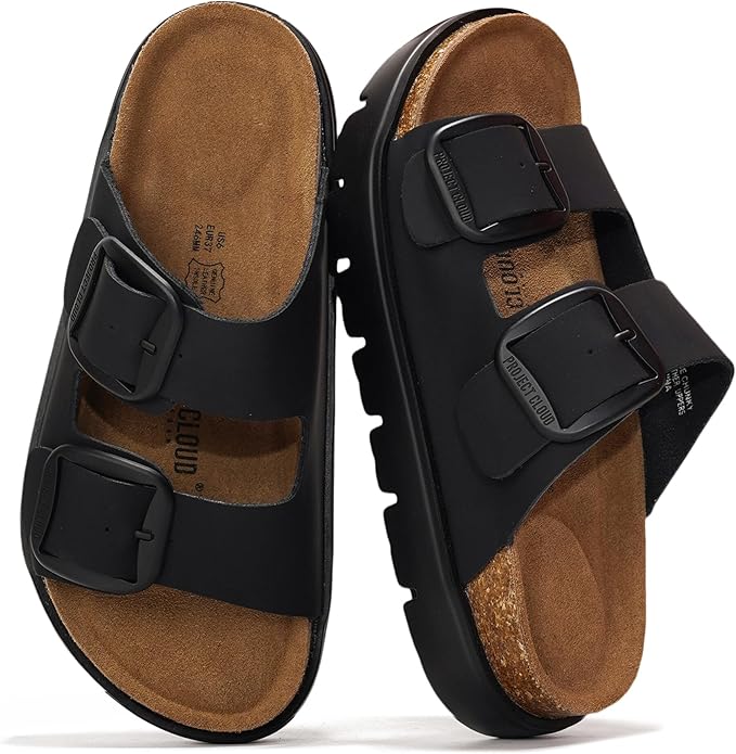 Project Cloud 100% Genuine Leather Platform Sandals Women Footwear - Wedge Chunky Slides for Women 2026 with Memory Foam Insole & Cork Footbed Womens Sandals (GreeceChunky)